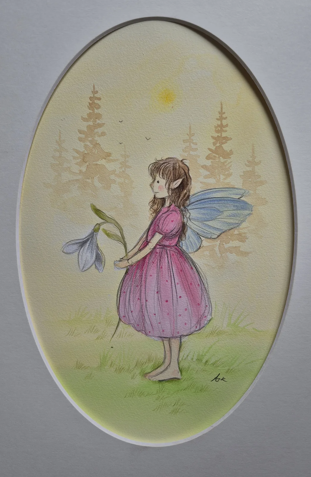 Akvarell Vårälva med snödroppe av Anna Komstadius