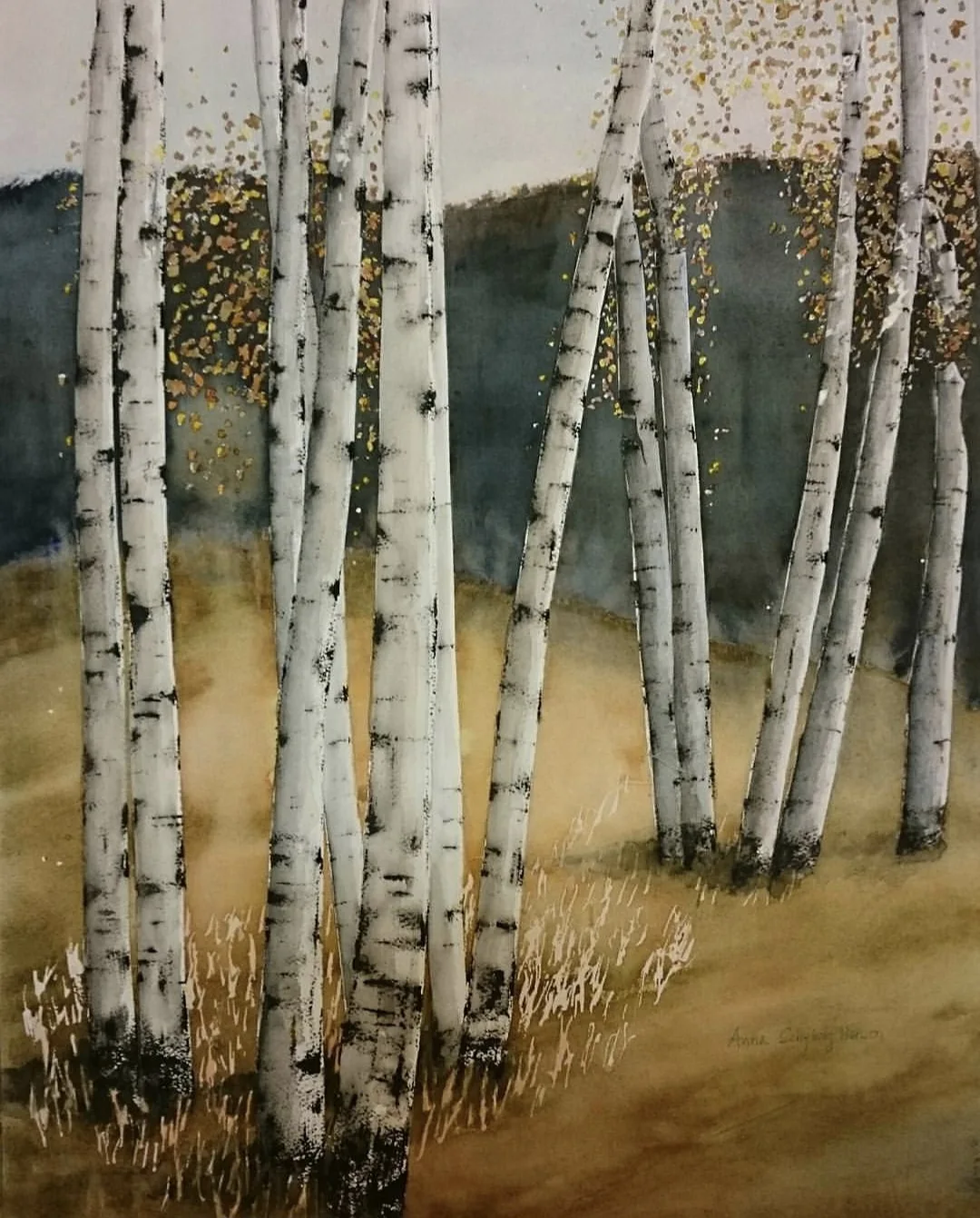 Akvarell Björkar i oktober av Anna Schyberg Hansen