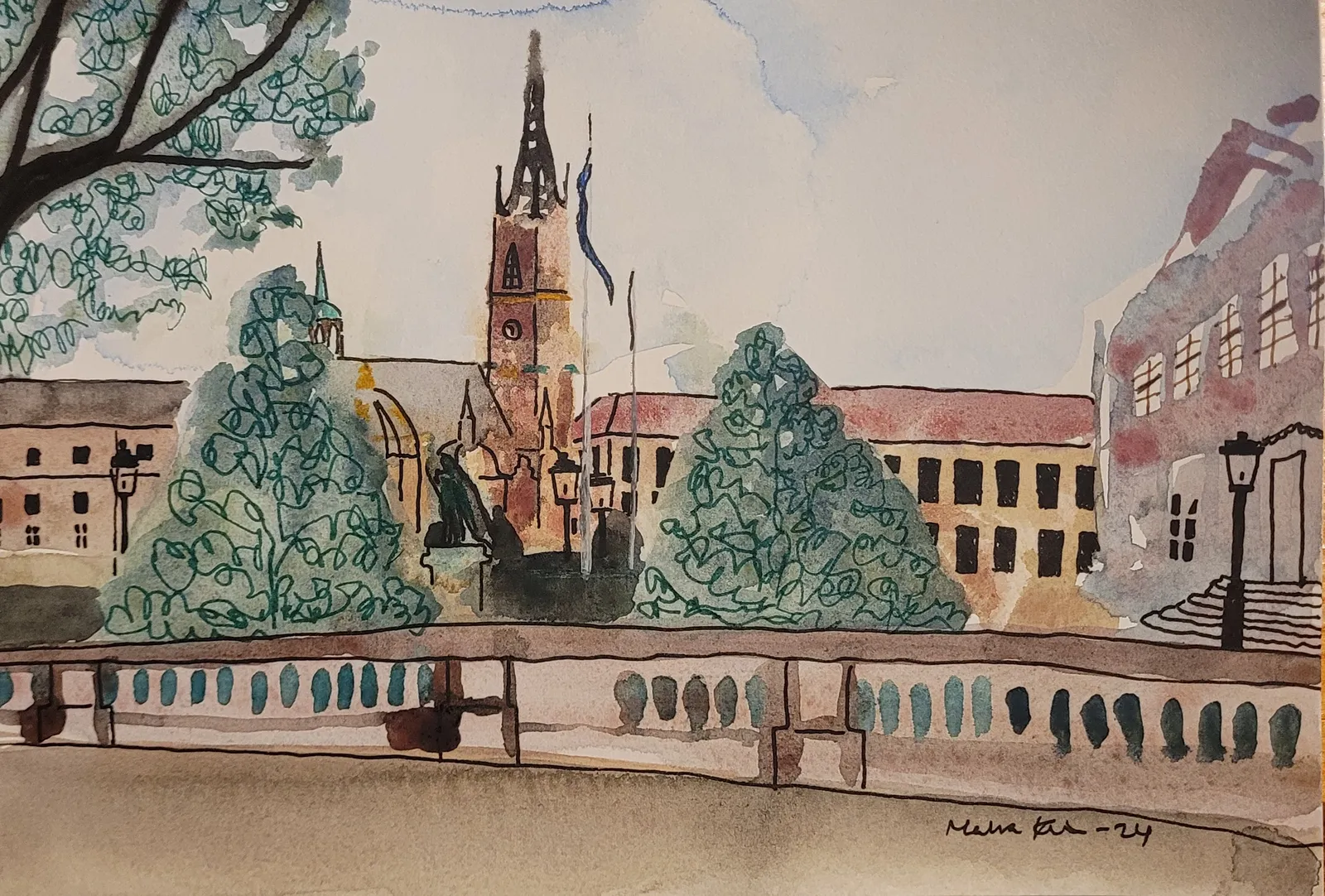 Akvarell Riddarholmskyrkan av Malva Forslin