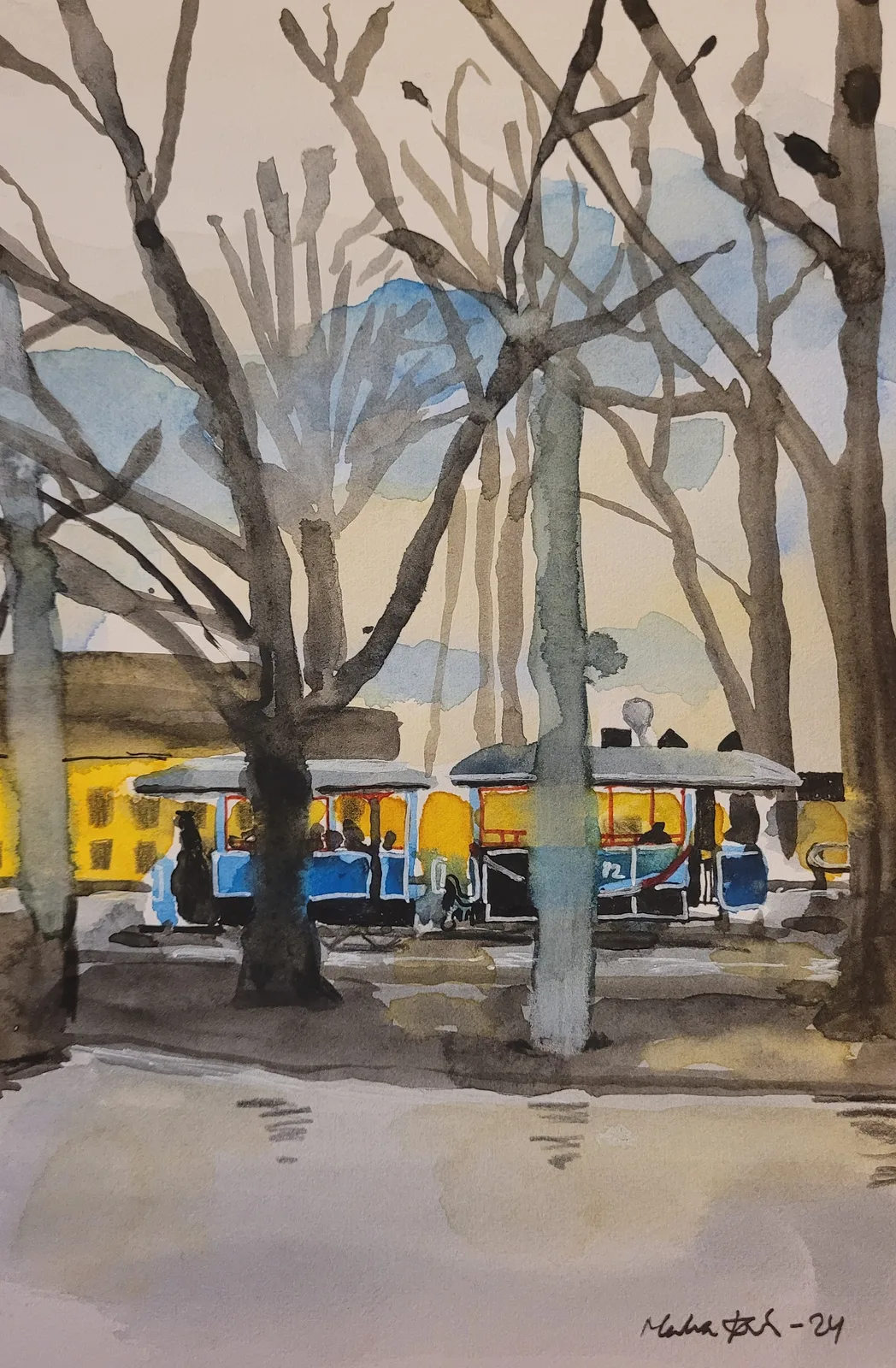 Akvarell Spårvagnar utanför Skansen av Malva Forslin