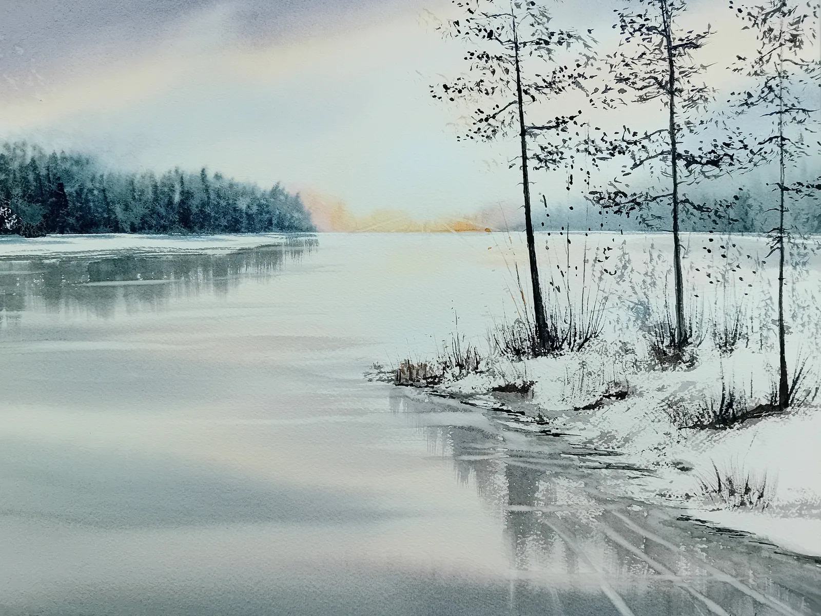 Akvarell Skymningsljus över isen av Lotta Andersson