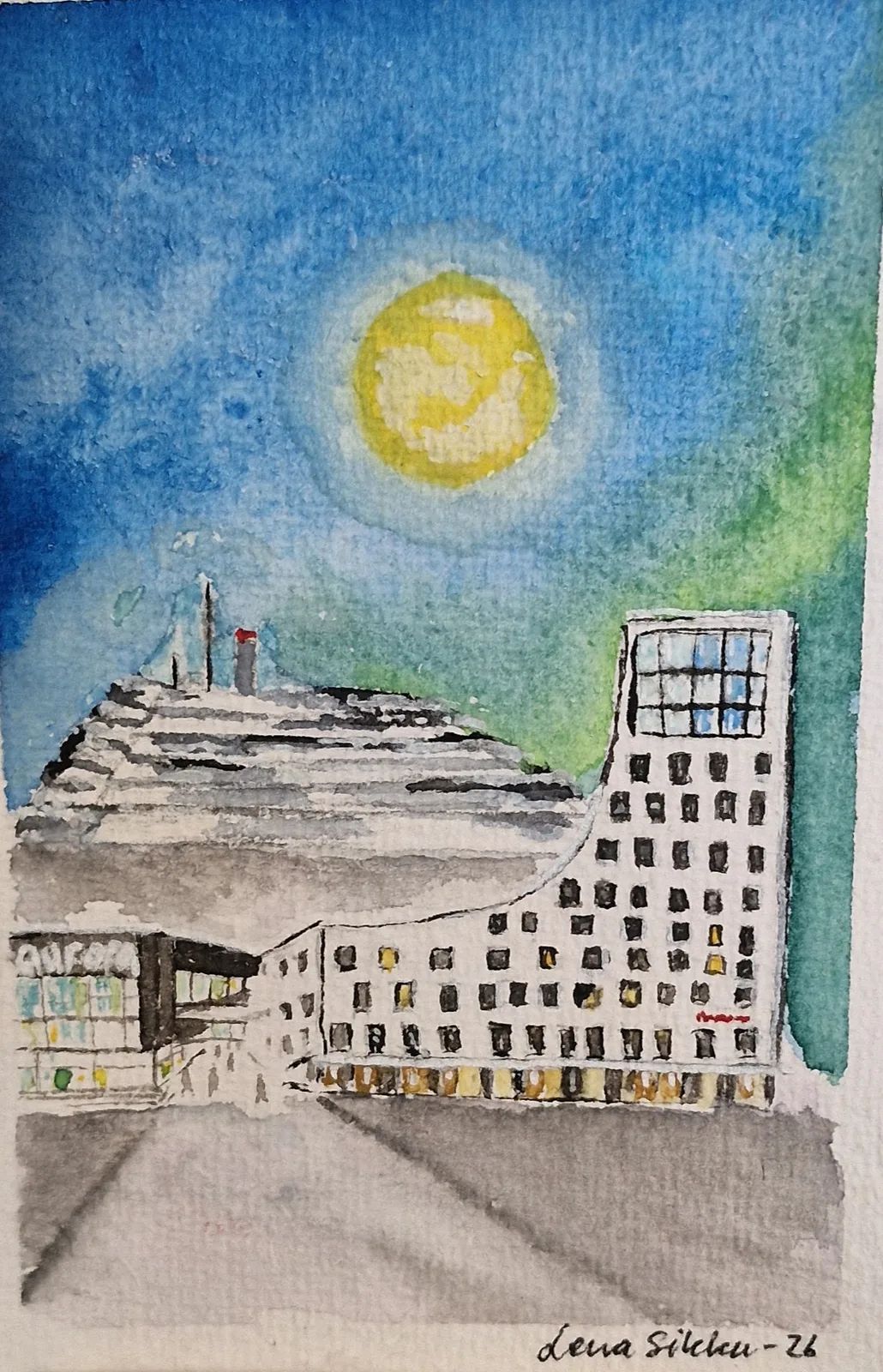 Akvarell Kiruna, Kirunavaraa, av Lena Sikku