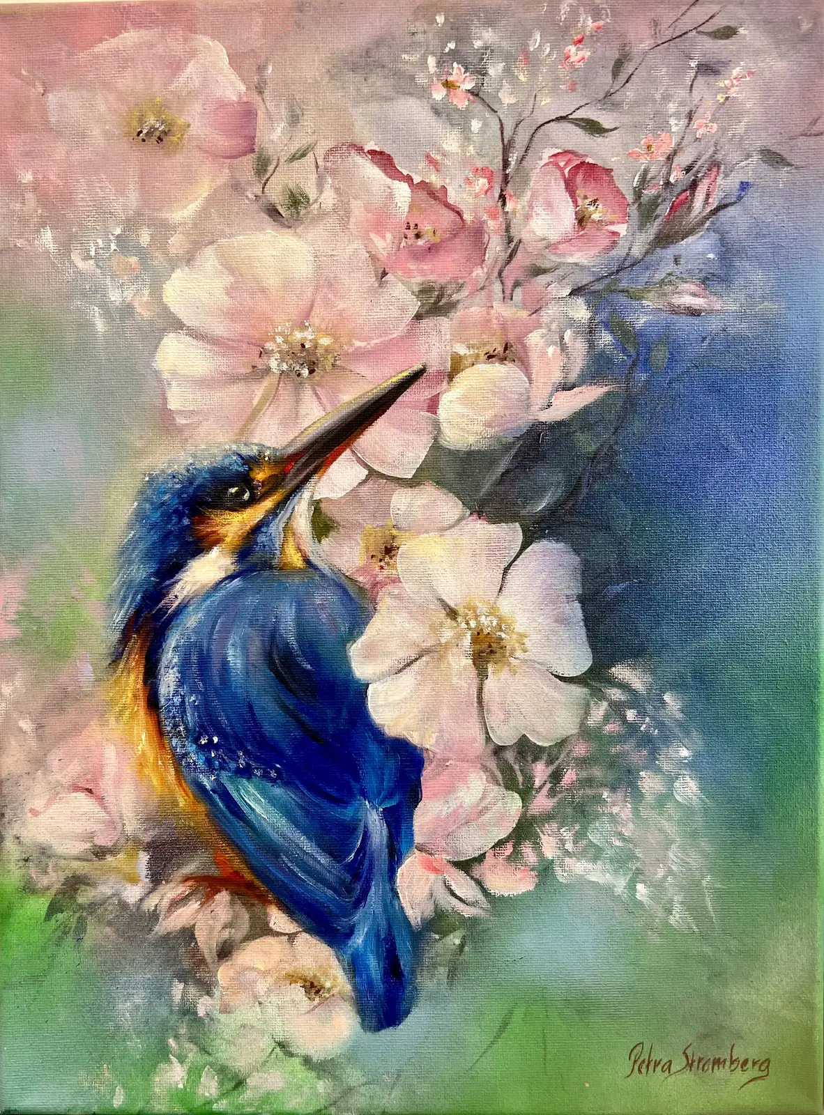 Oljemålning Kungsfiskare bland rosor av Petra Strömberg