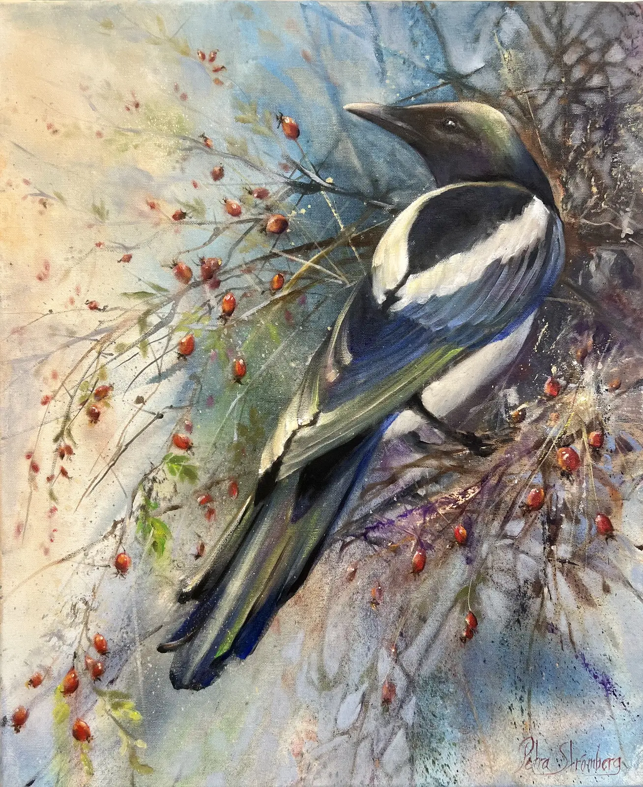 Oljemålning Skata i nyponsnår av Petra Strömberg