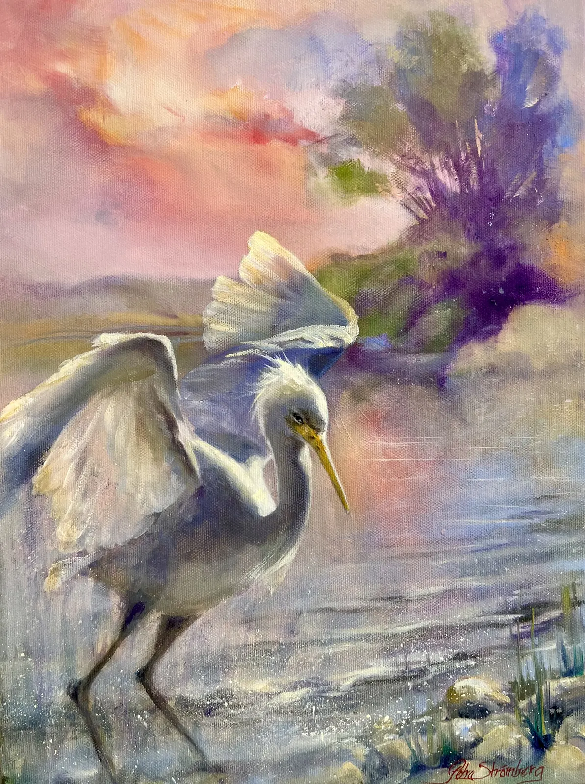 Oljemålning Solbadande snöhäger av Petra Strömberg