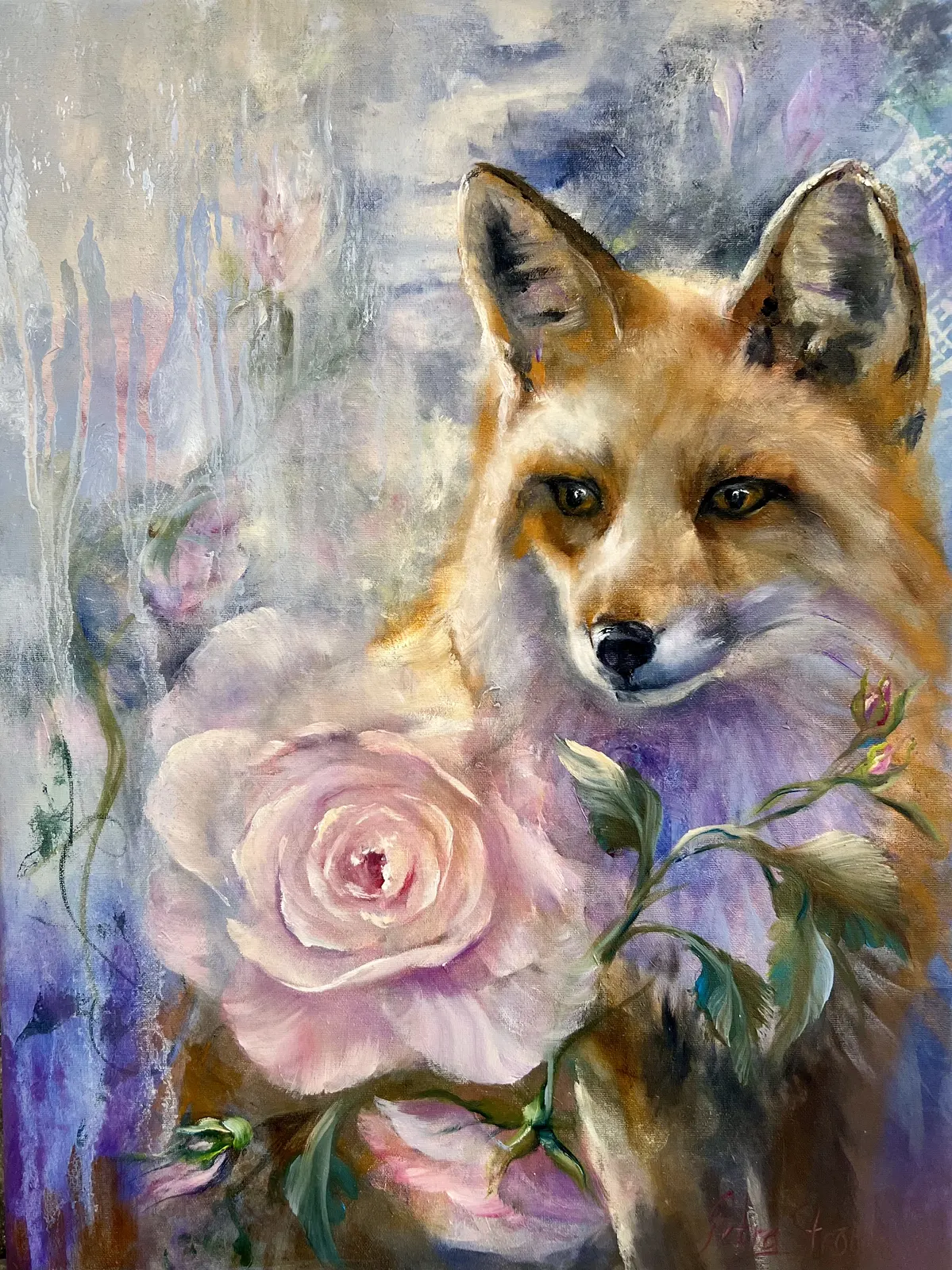 Oljemålning Räv bland rosor av Petra Strömberg