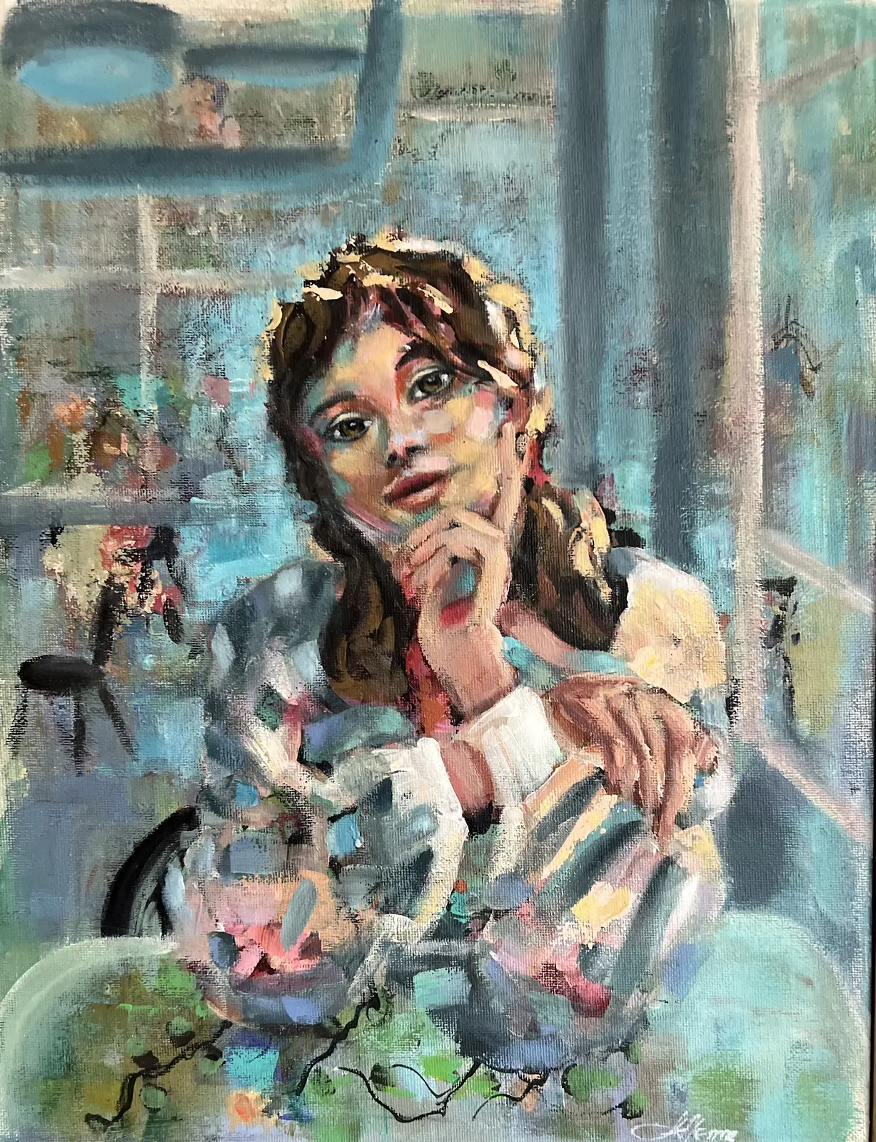 Akrylmålning Kaffestund på café – porträtt av Anzhelika Henne