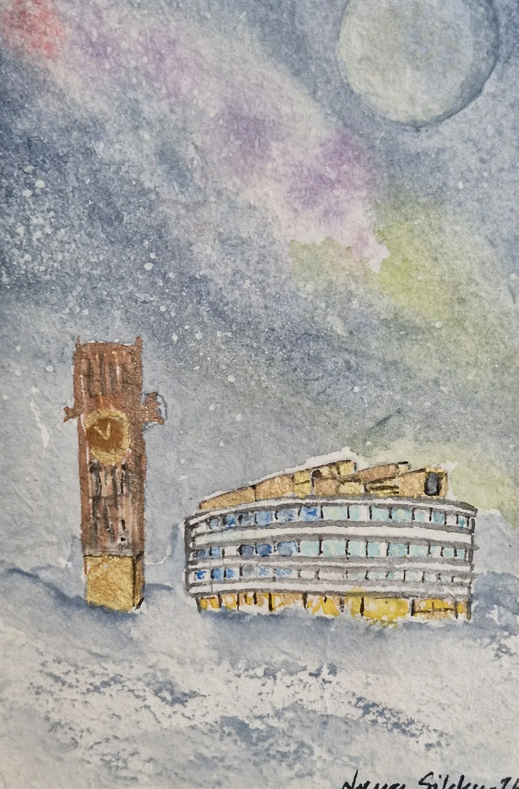 Akvarell Kiruna, Kristallen med klocktornet av Lena Sikku