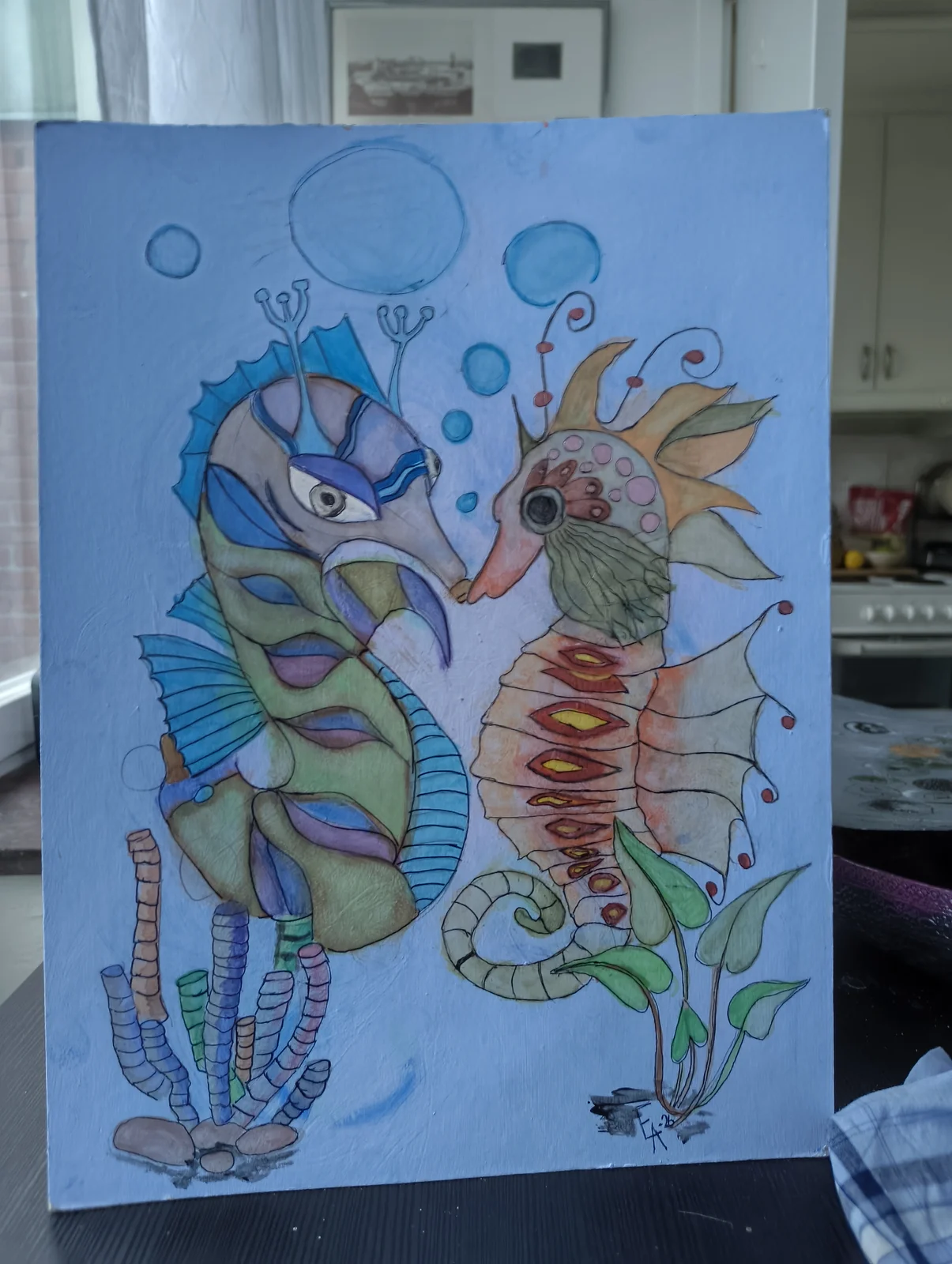 Akrylmålning Sjöhästar av Eva Andersson