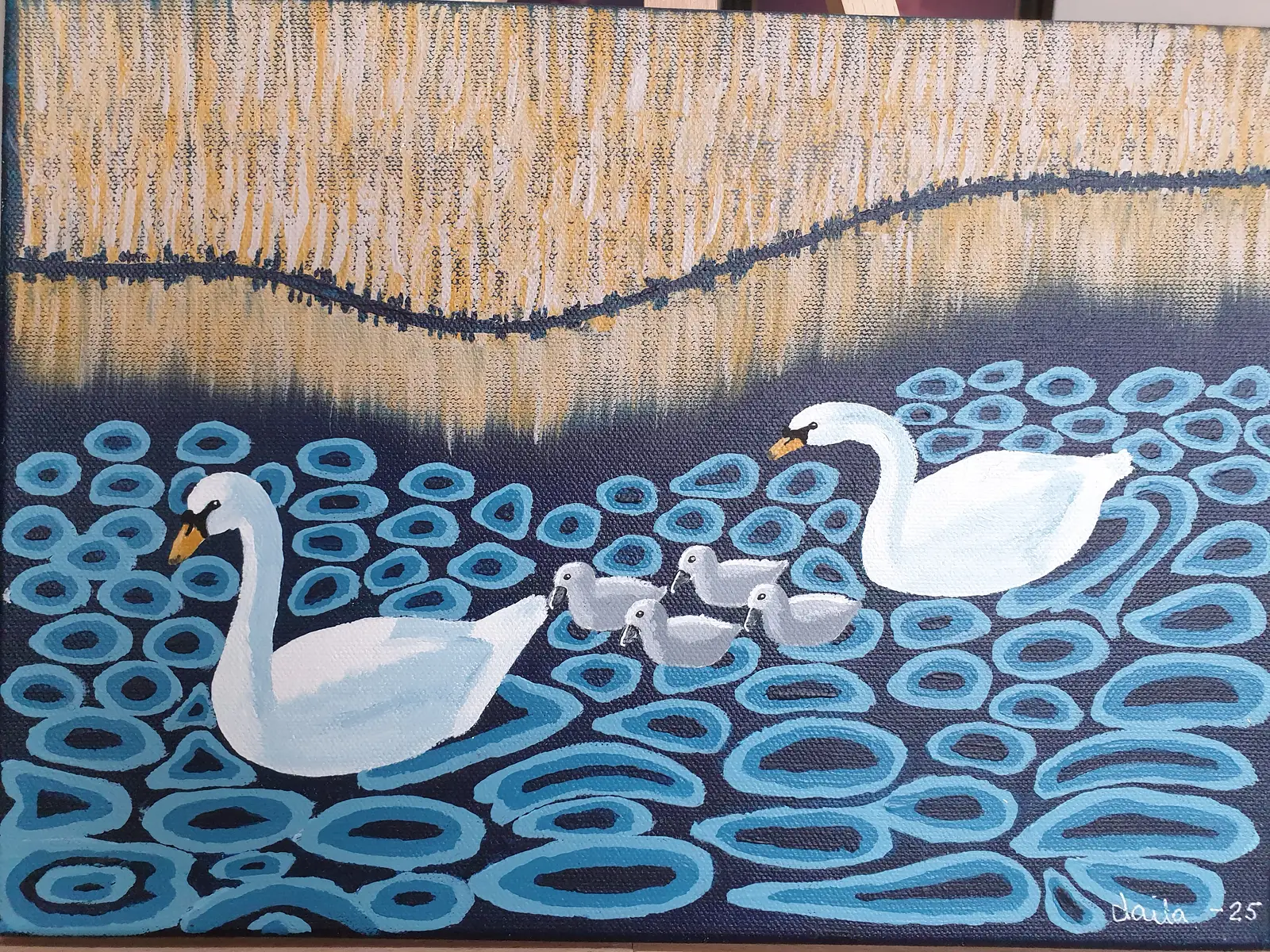 Akrylmålning Svanfamilj av Laila Malmborn