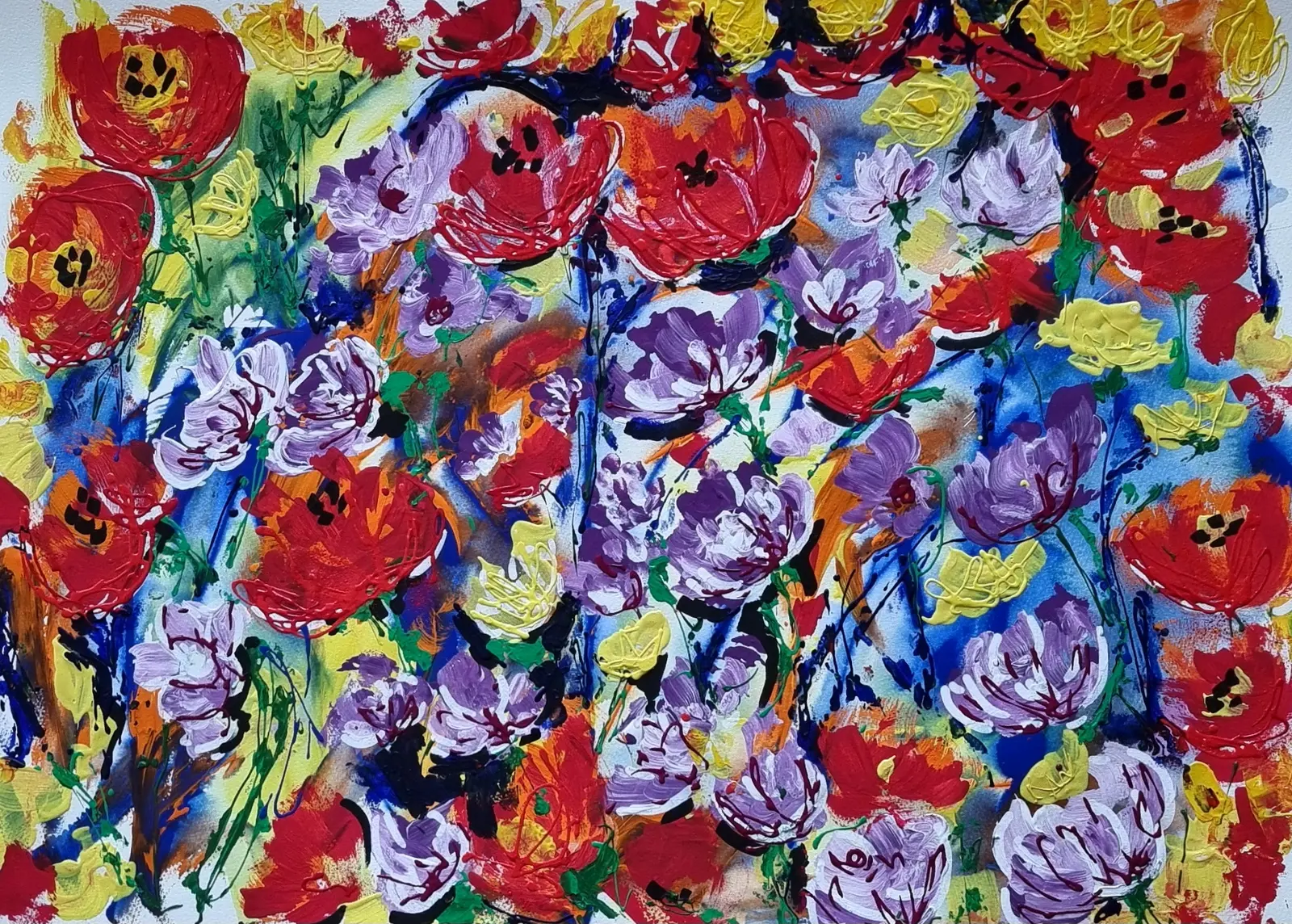 Akrylmålning Vårblommor i rabatten av Åsa Edlund