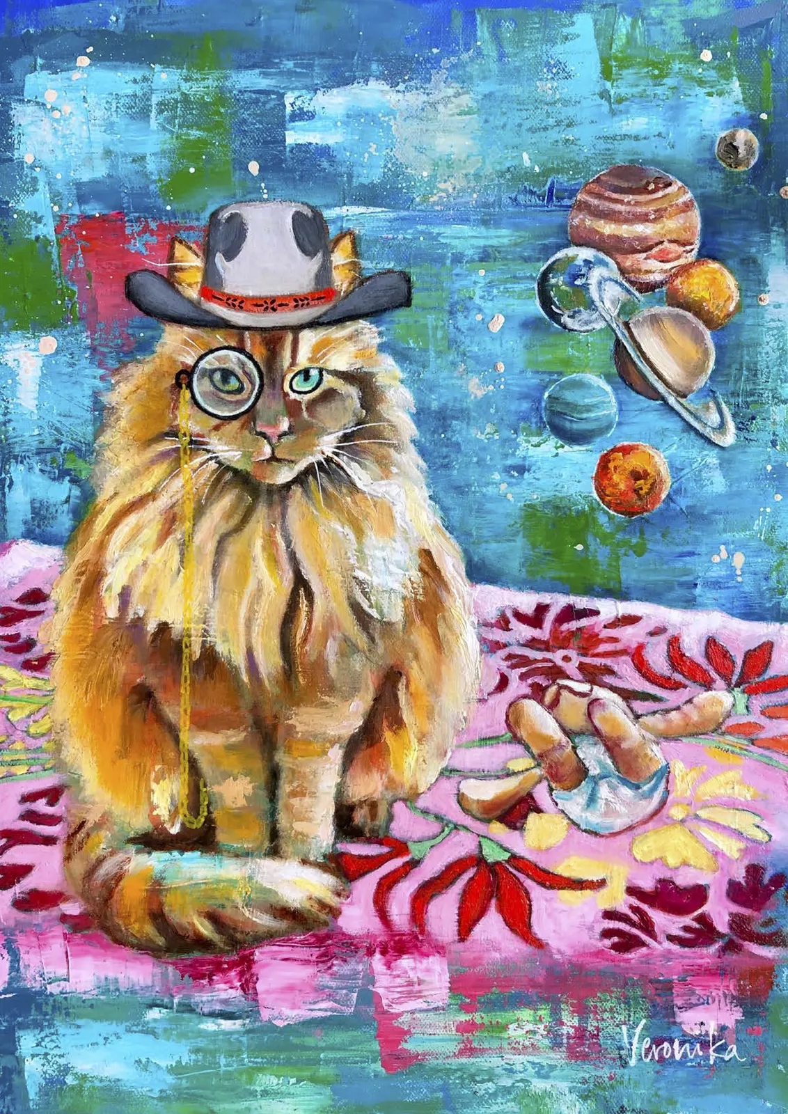 Oljemålning Cat on a flying carpet suddenly realizes that another planet is missing from the solar system. av Veronika Yngwe