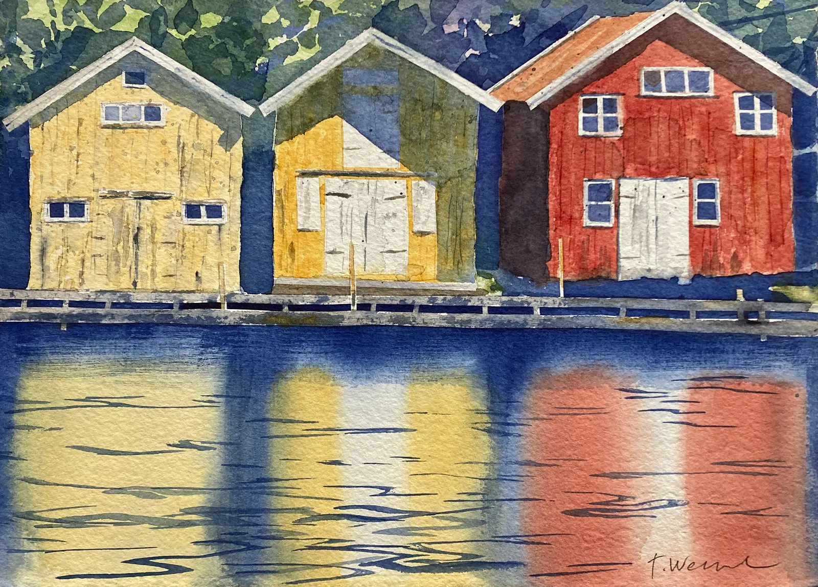 Akvarell Sjöbodstriss (Grundsund) av Tord Wennerblom
