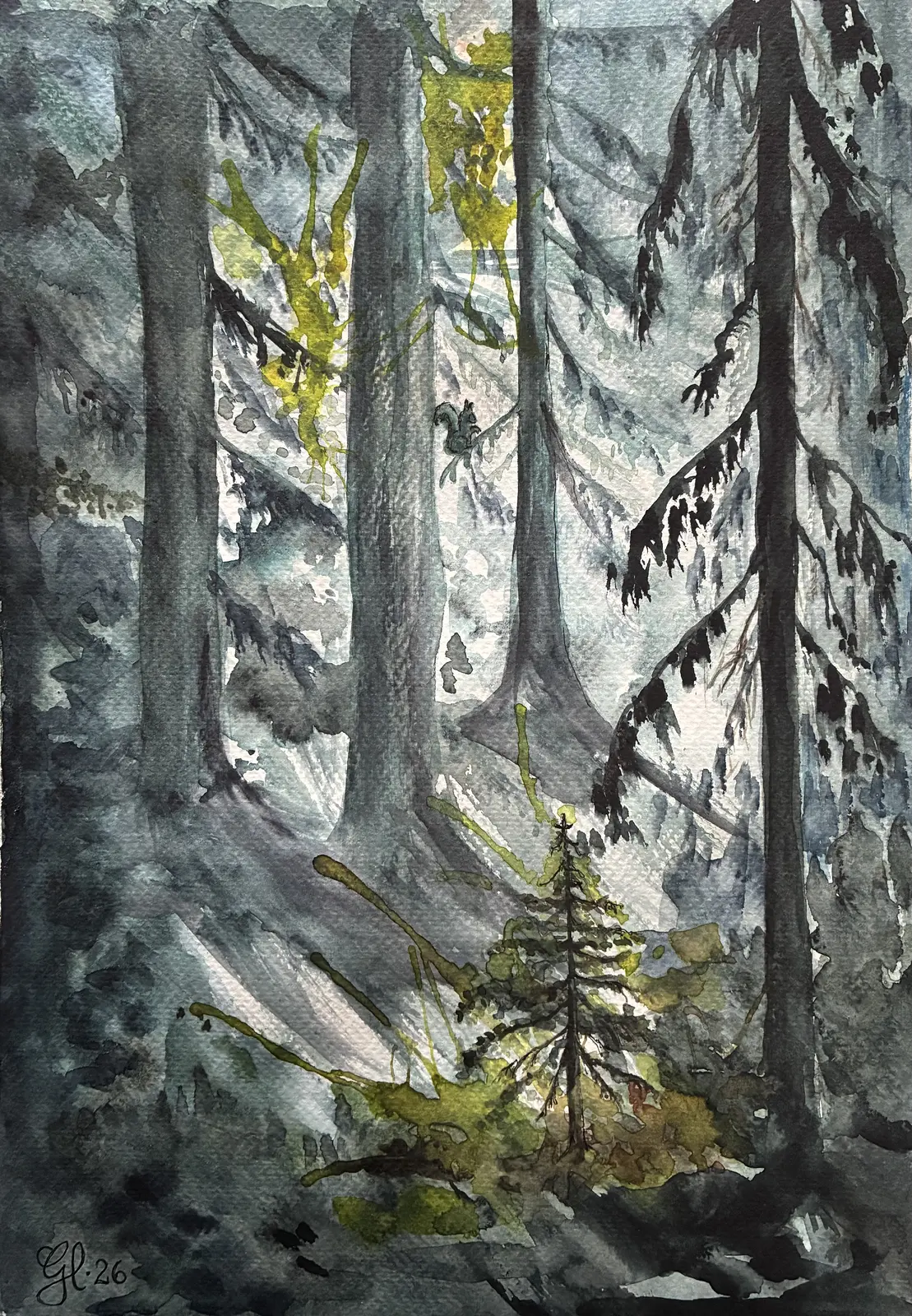 Akvarell Nytillskott i granskogen av Gunilla Hultman