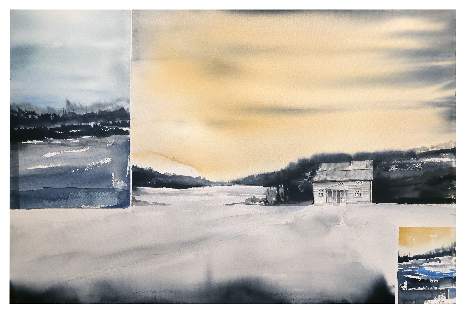 Akvarell Kollage med gul himmel av Daniel Zausnig