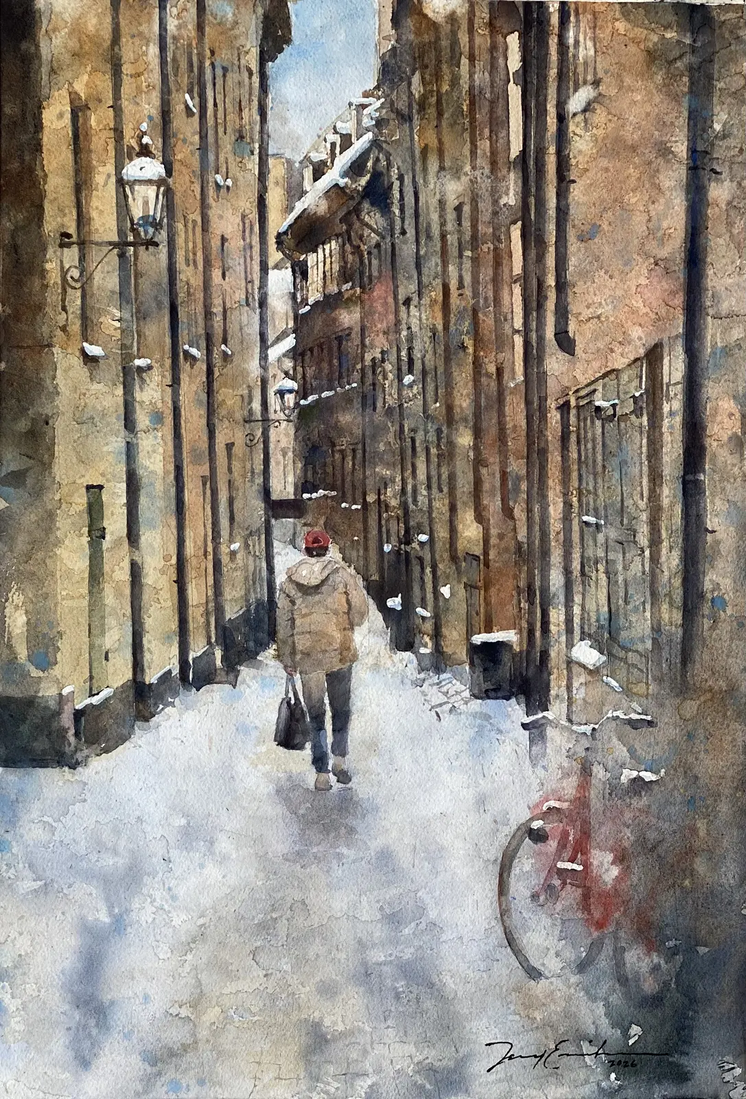 Akvarell Vinterpromenad Prästgatan av Jony Eriksson