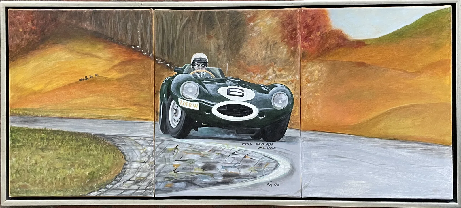 Oljemålning Jaguar XKD 1955 av Claes Åkerman