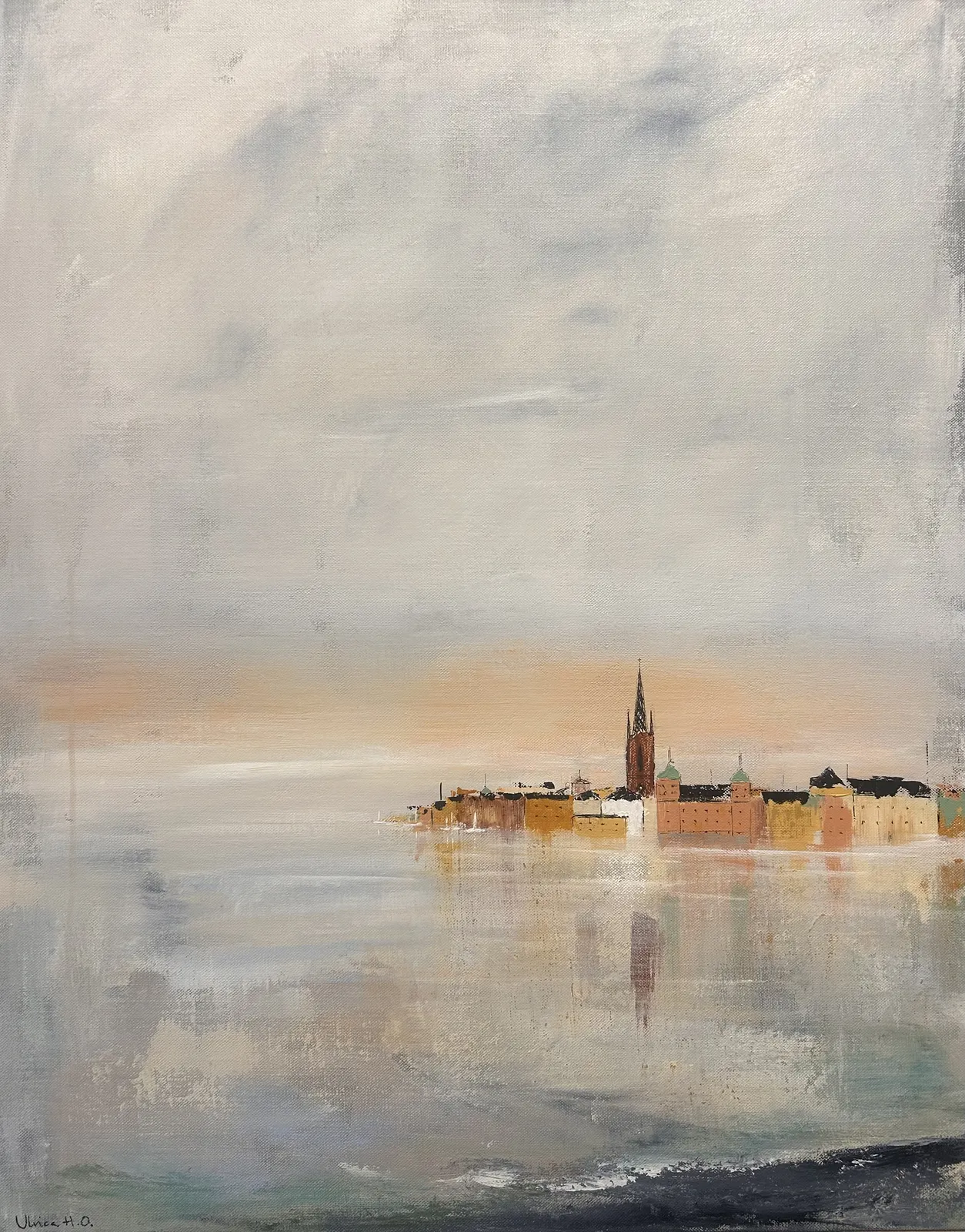 Akrylmålning Guld över Riddarholmen av Ulrica Halling Olsson_art Stockholm