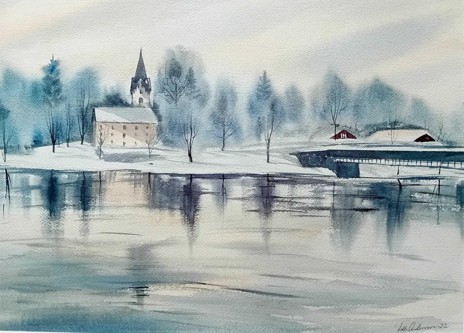 Akvarell Kyrkbron av Lotta Andersson