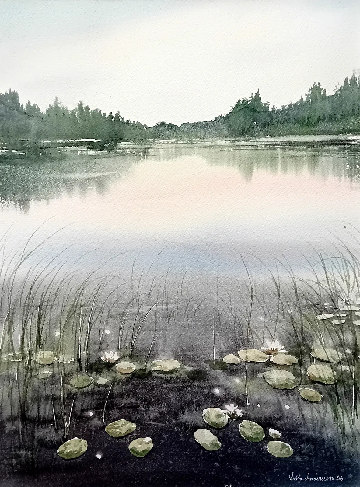 Akvarell Näckrossjö av Lotta Andersson