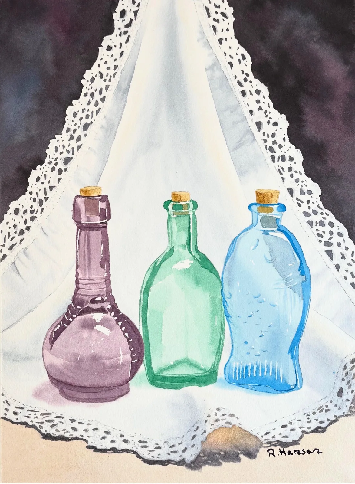 Akvarell Three little bottles av Annika Hansen