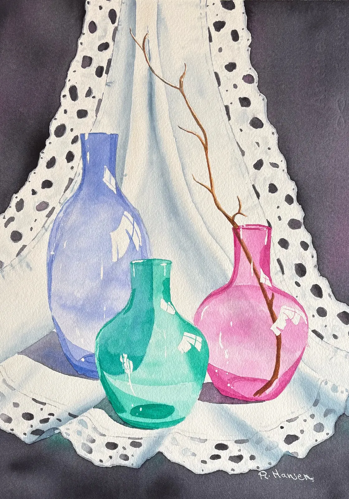 Akvarell Bottles and lace av Annika Hansen