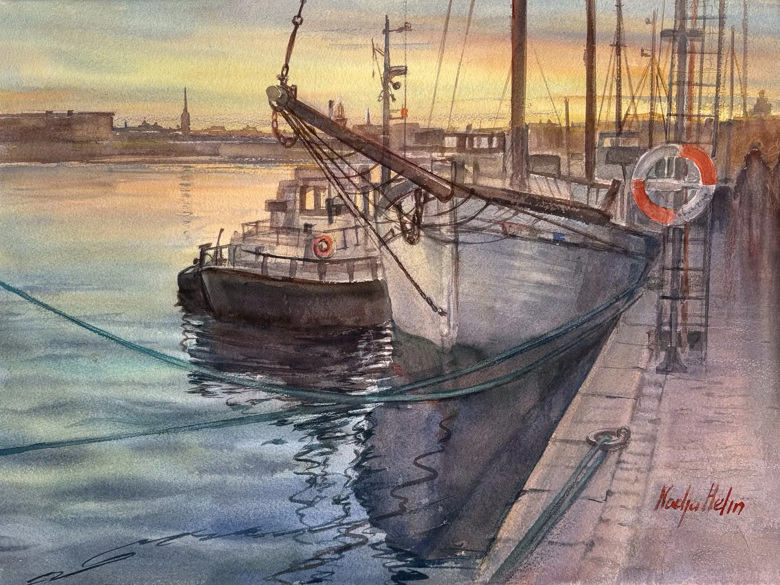 Akvarell Båtar vid Strandvägen av Nadja Helin