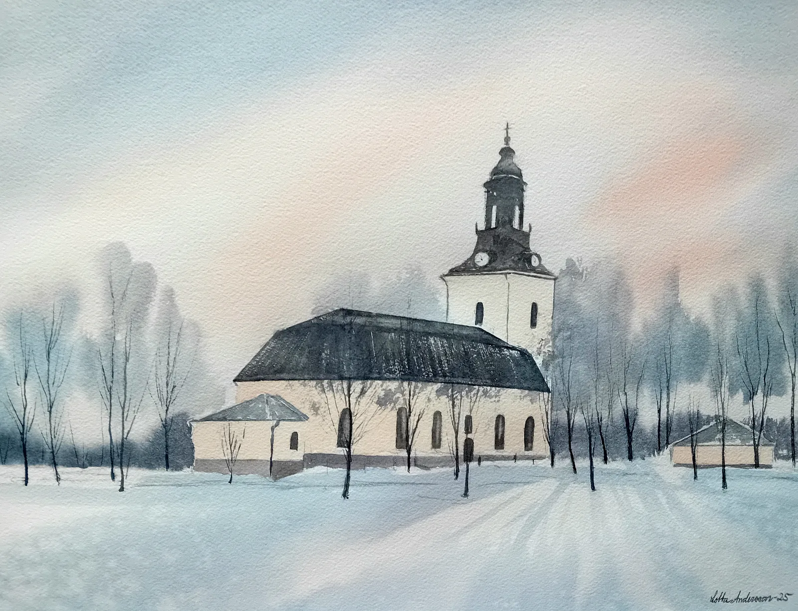 Akvarell By kyrka av Lotta Andersson