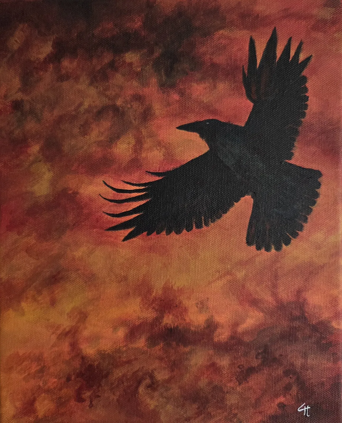 Akrylmålning Feathers black against a burning sky av Catharina Holmberg