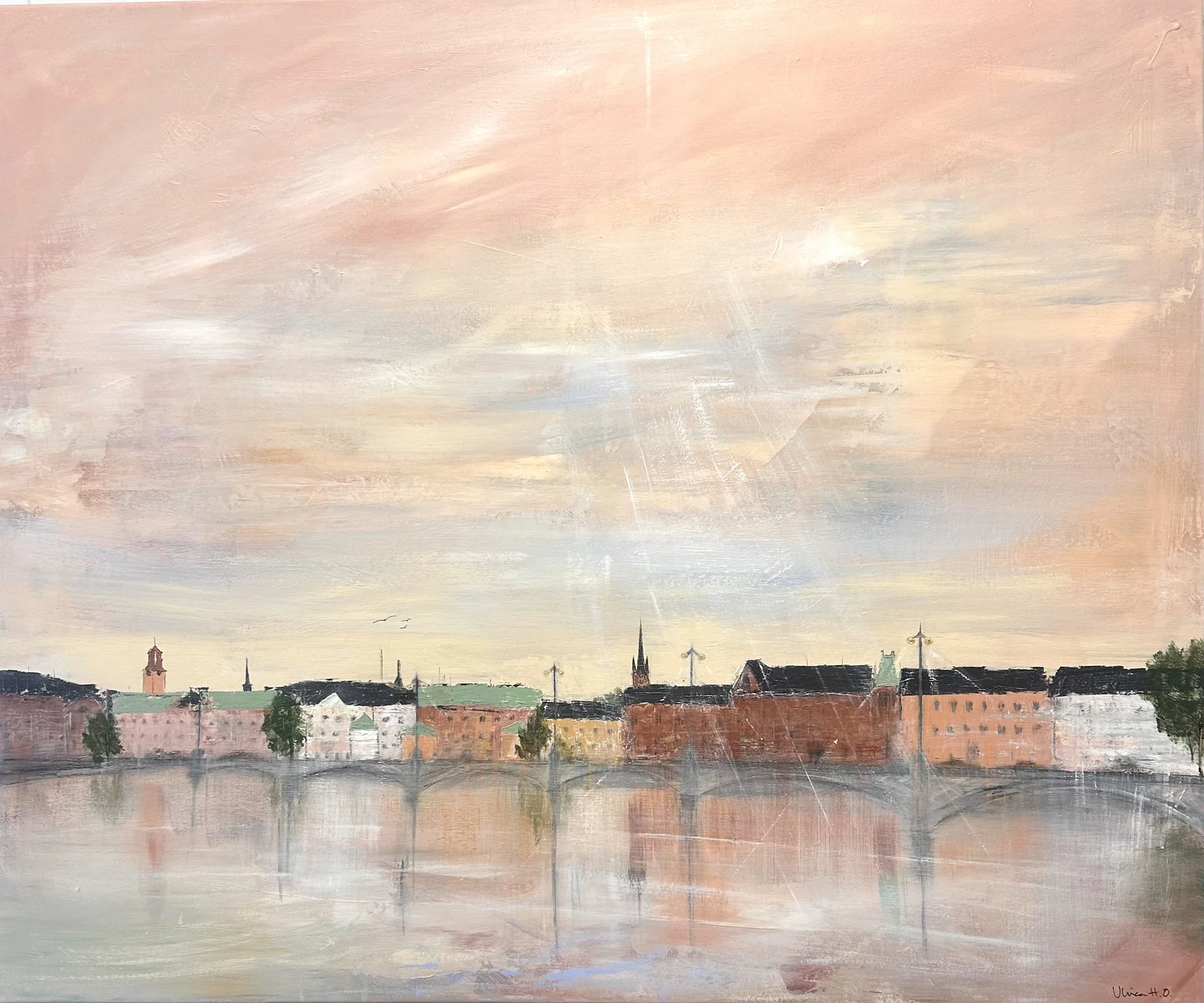 Akrylmålning Solsken över Vasabron av Ulrica Halling Olsson_art Stockholm