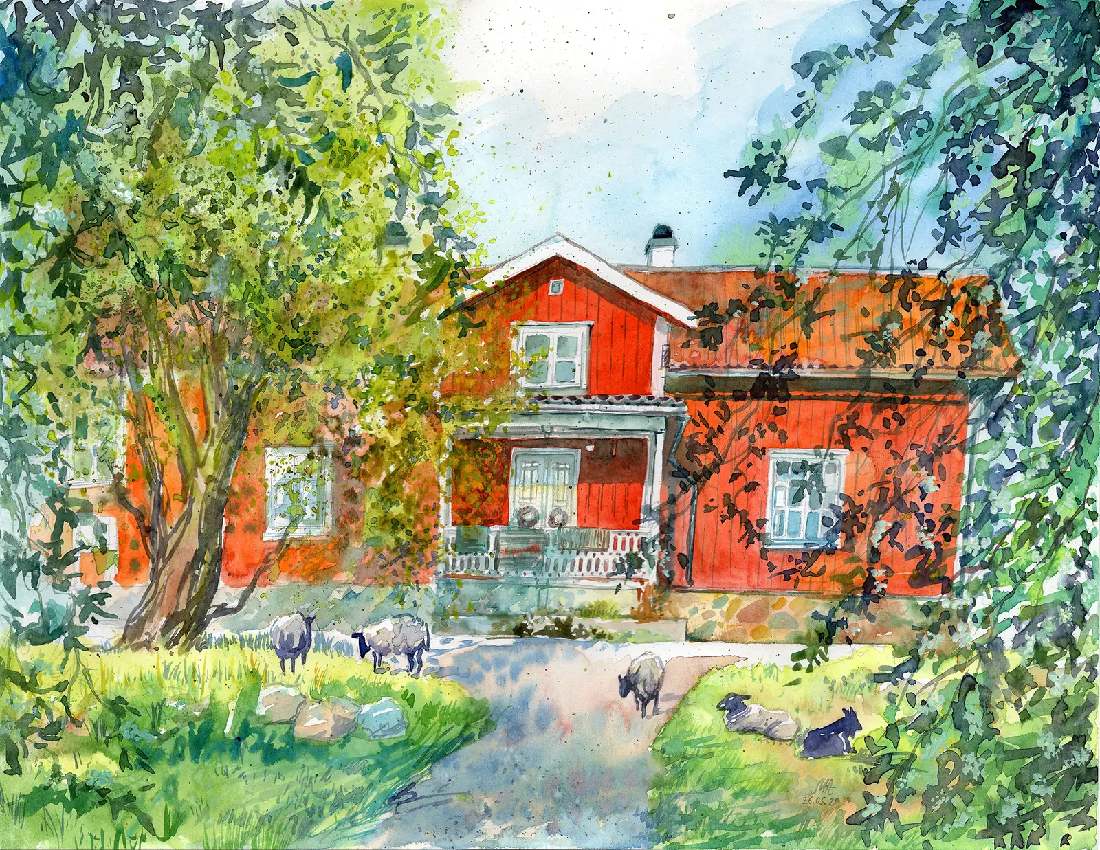 Akvarell Red Swedish House av Anastasiia Mazeina