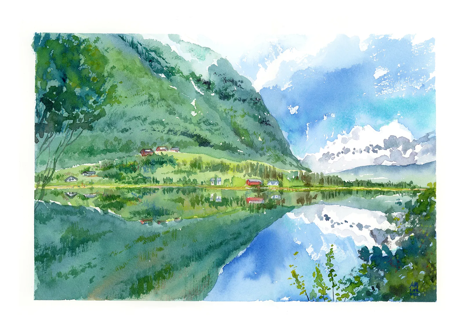 Akvarell Summer in Norway av Anastasiia Mazeina