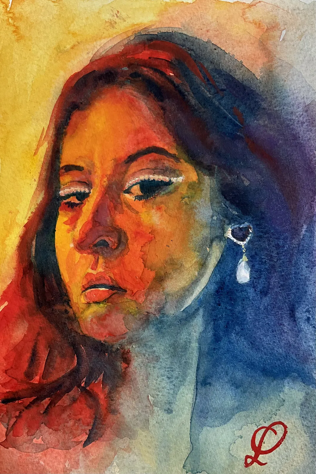 Akvarell Damen med pärlörhänget av Christina Lilith Art