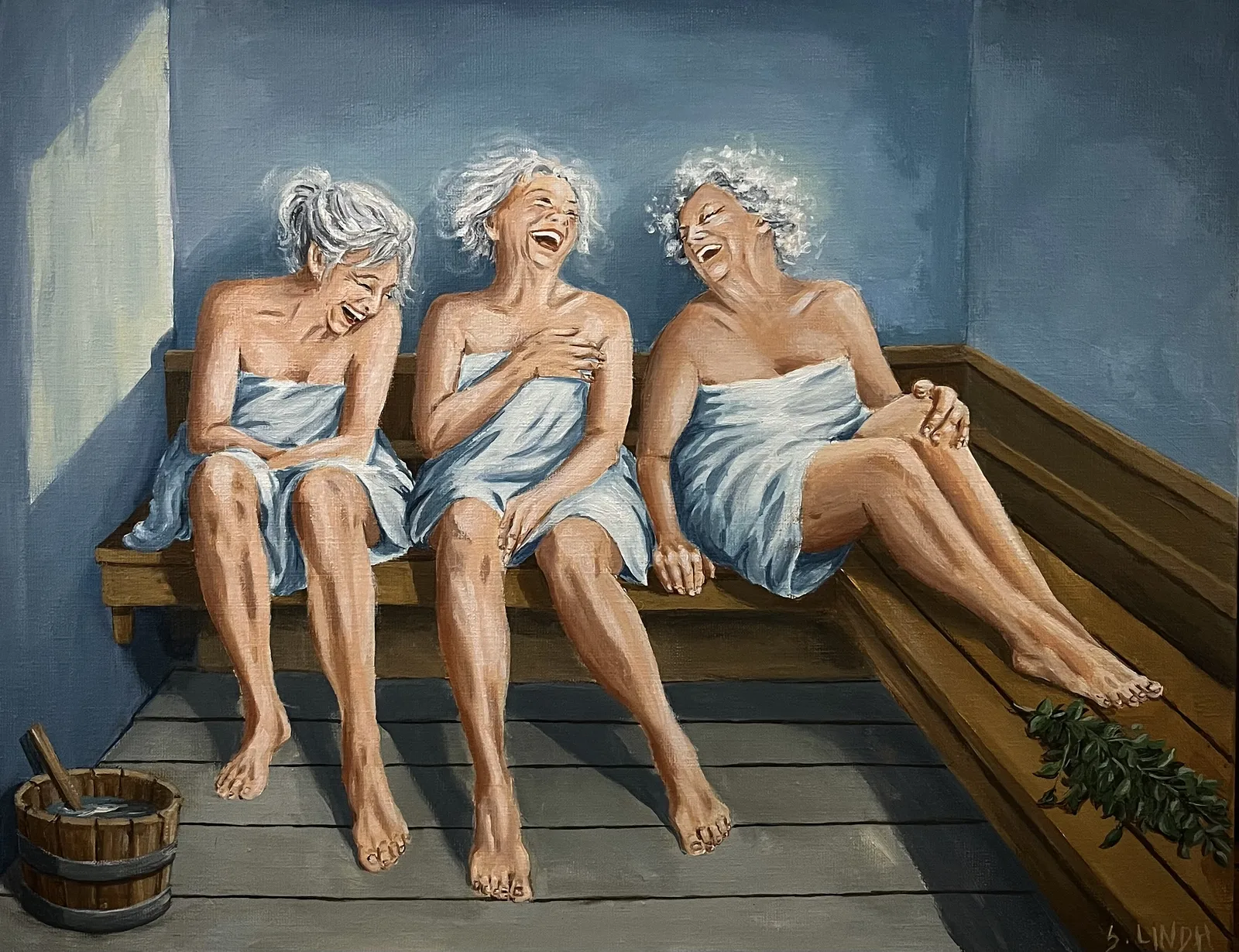 Akrylmålning Bada bastu (del av serien Sauna) av Sara Lindh