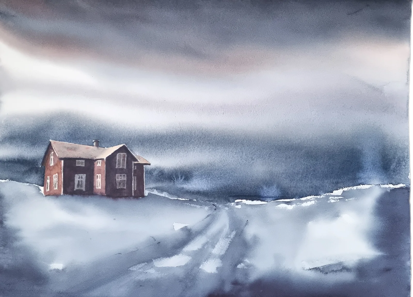 Akvarell Vinterhus av Mikael Berglund