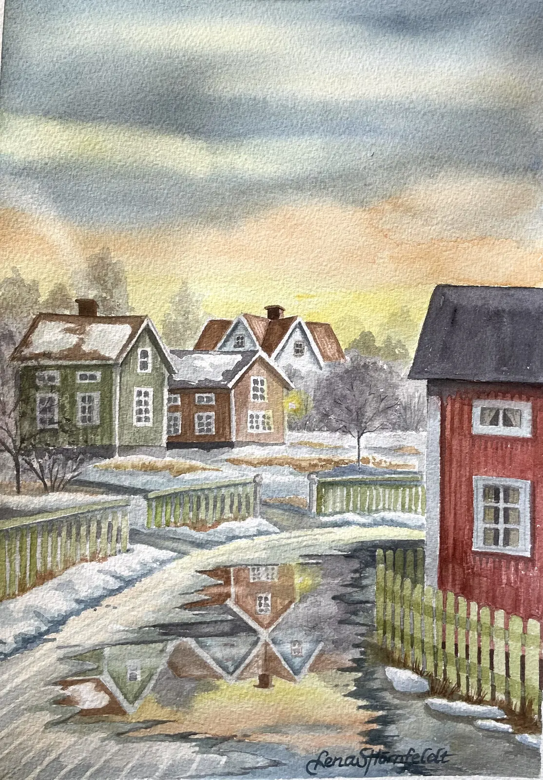 Akvarell Bygatan av Lena Hörnfeldt