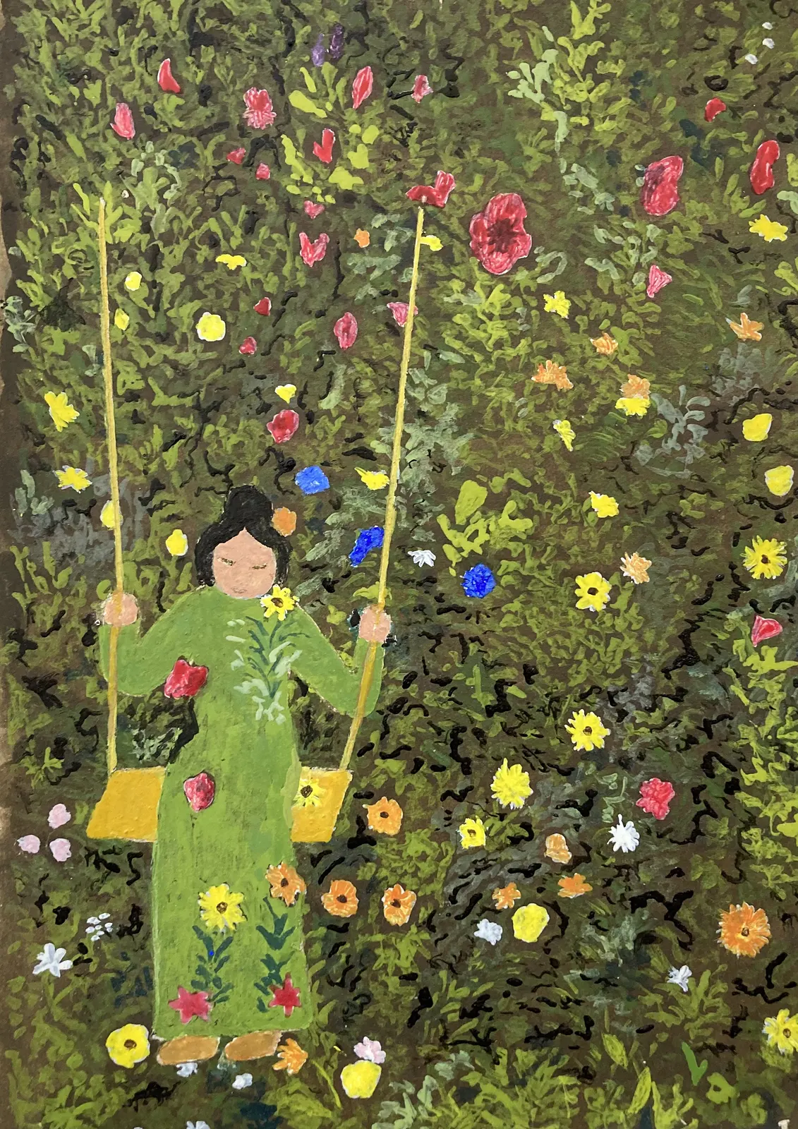 I grönskan i gungan, äggtempera av Margita Lundman