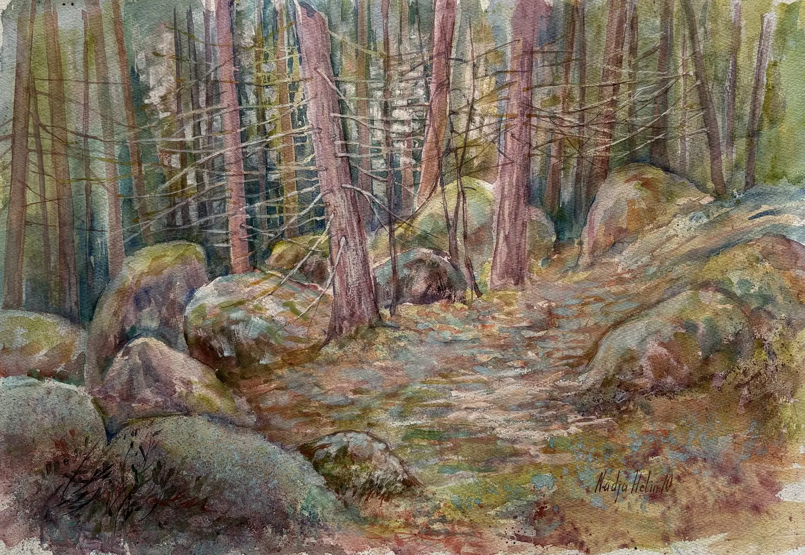 Akvarell Skog i kvällens belysning av Nadja Helin