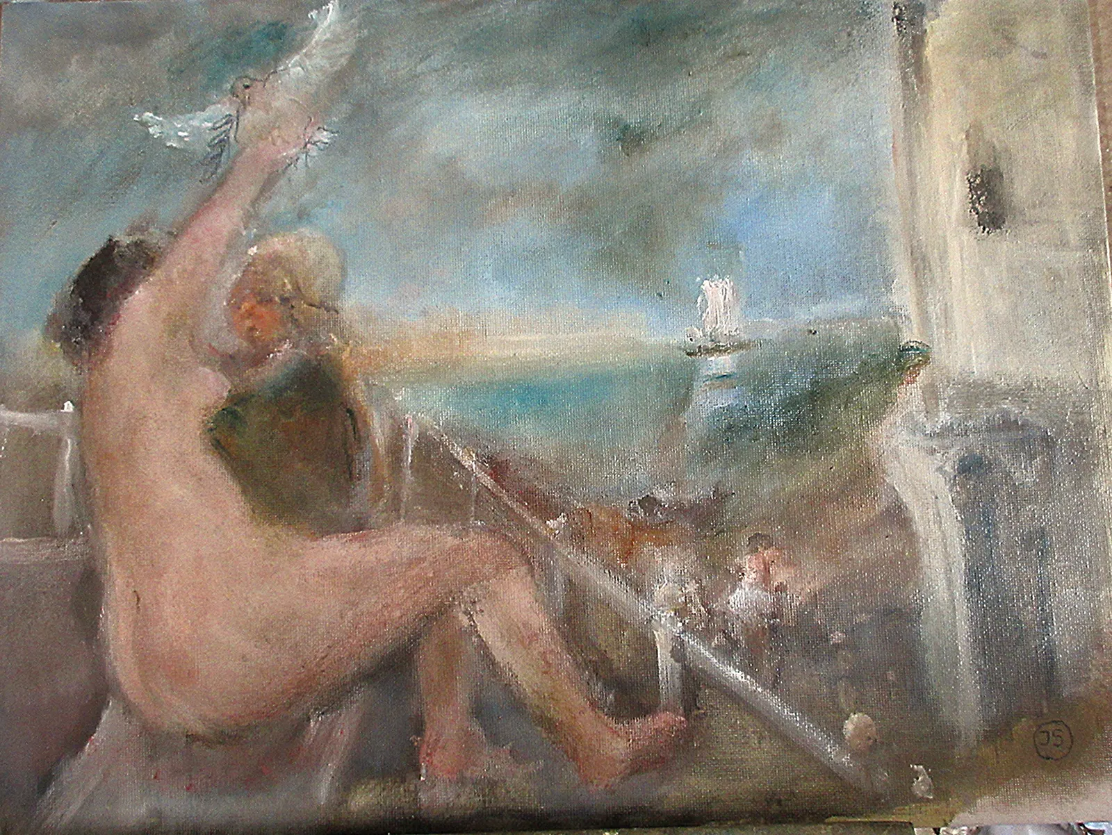 Oljemålning Konstnären ODD N. med musa av Jan Söderman