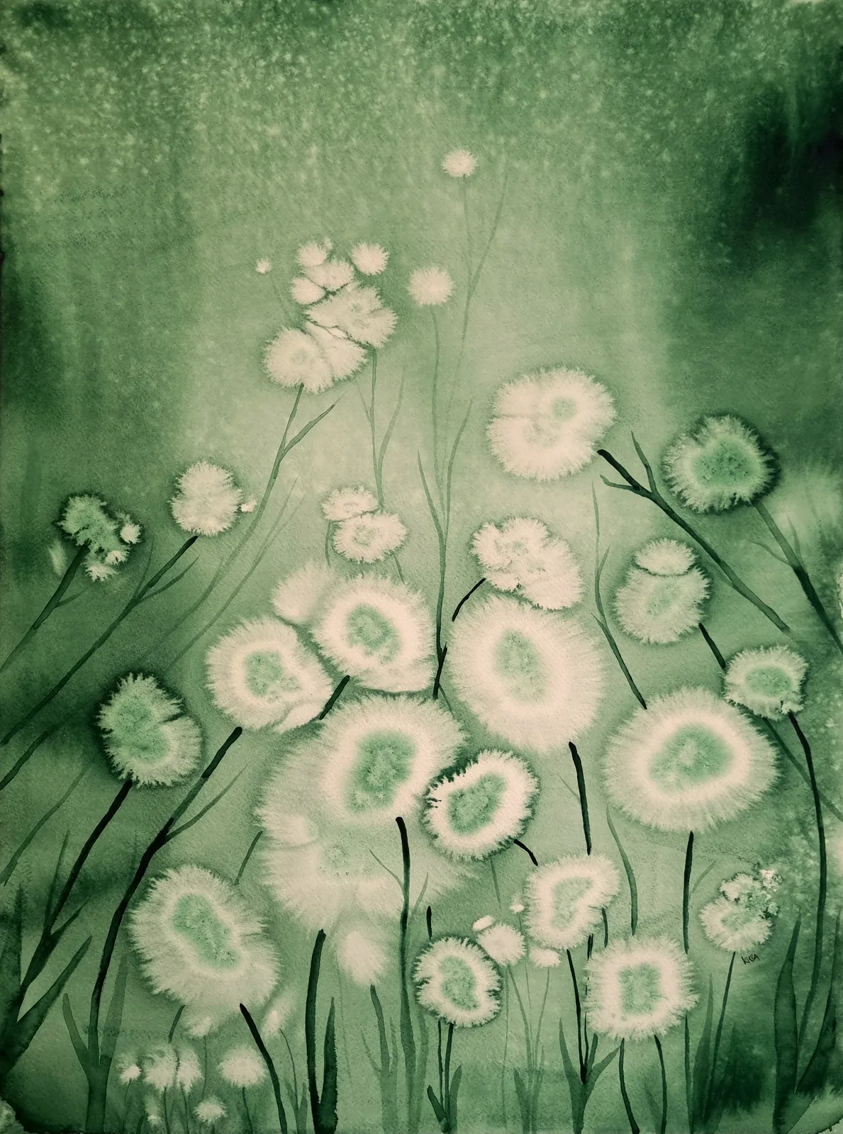 Akvarell Grön Blomster av Kiba Gustafsson