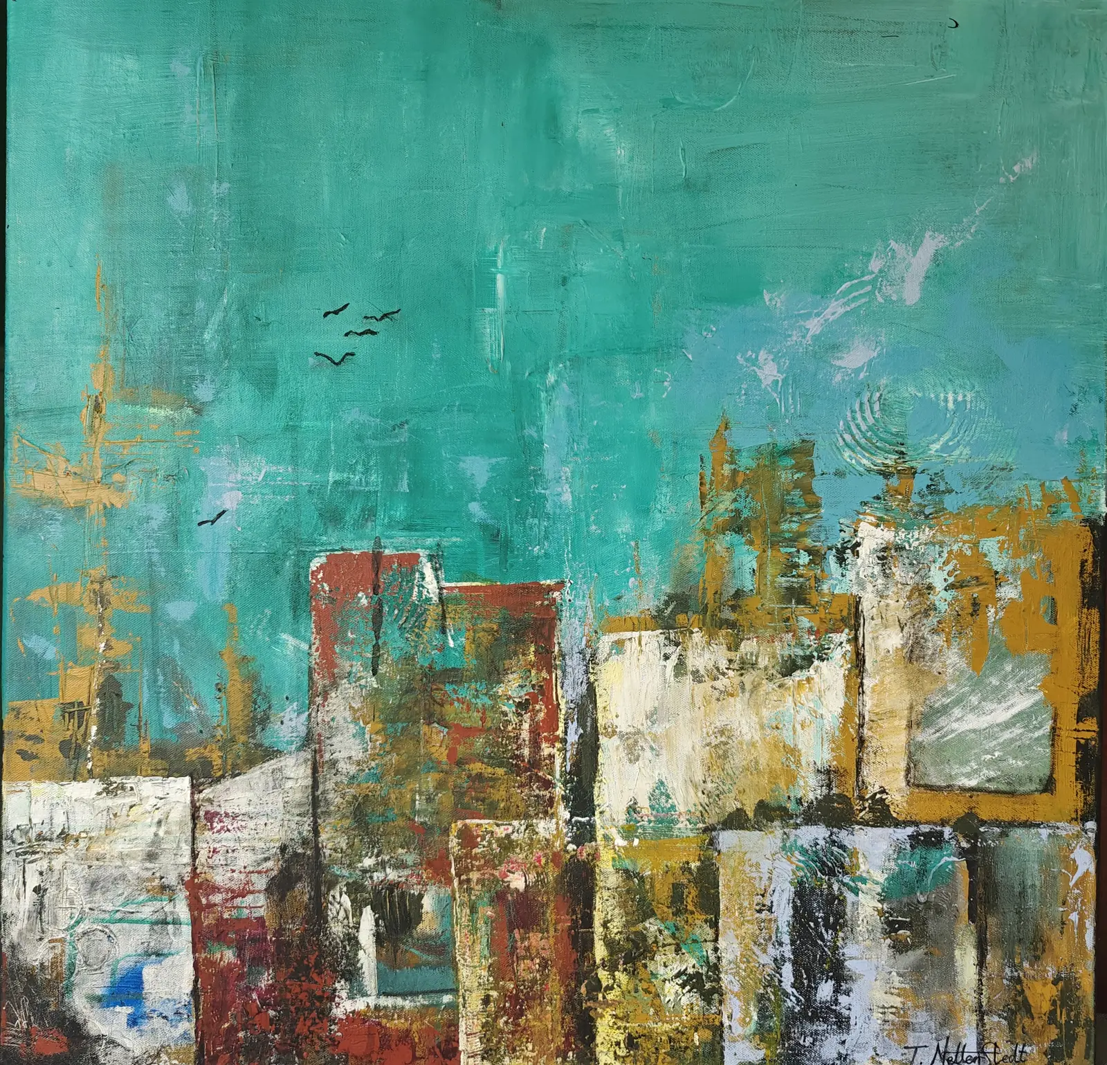 Akrylmålning Hamnstad av Thomas Netterstedt