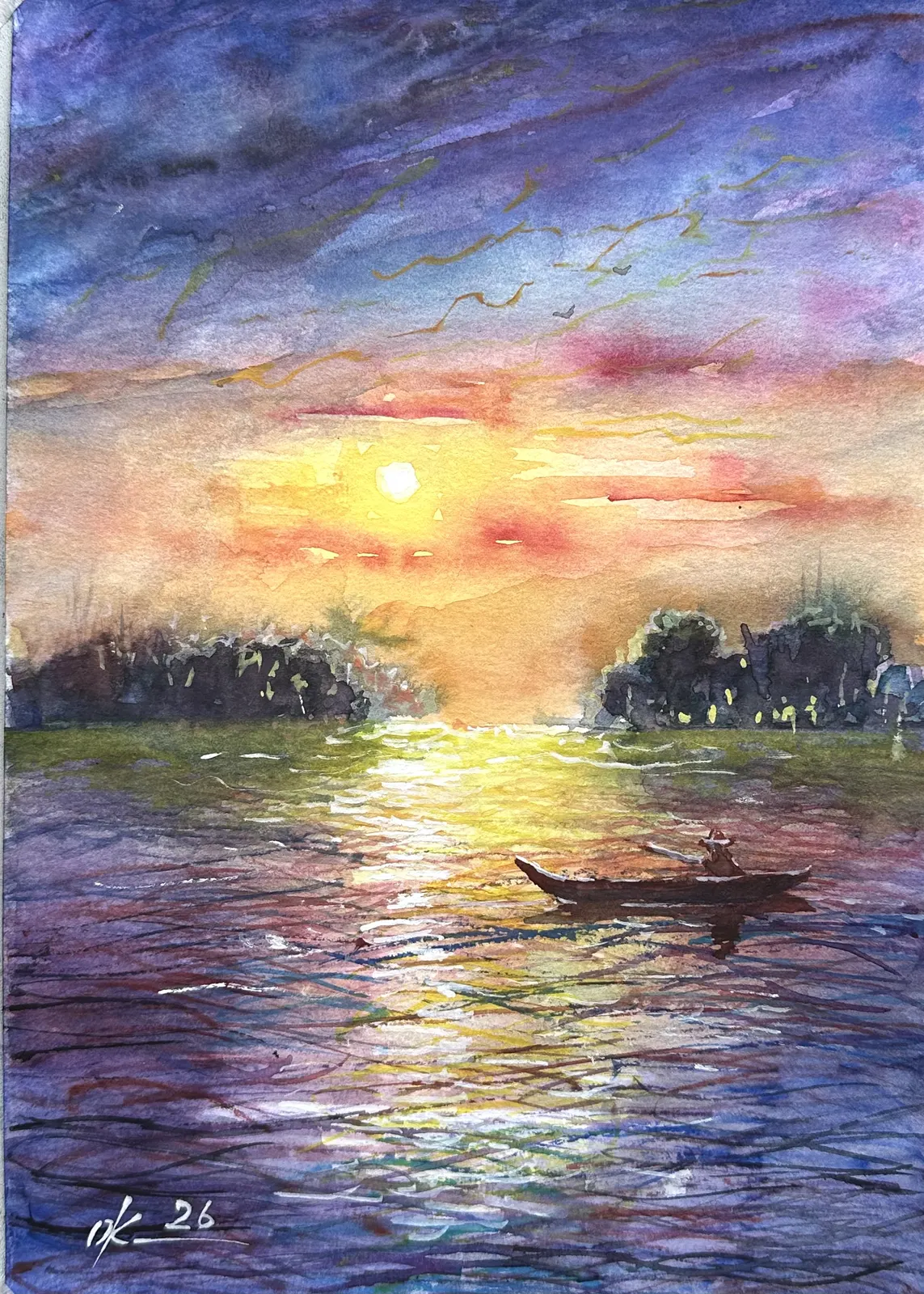 Akvarell Solnedgång över lagunen av Olga Kharyakova