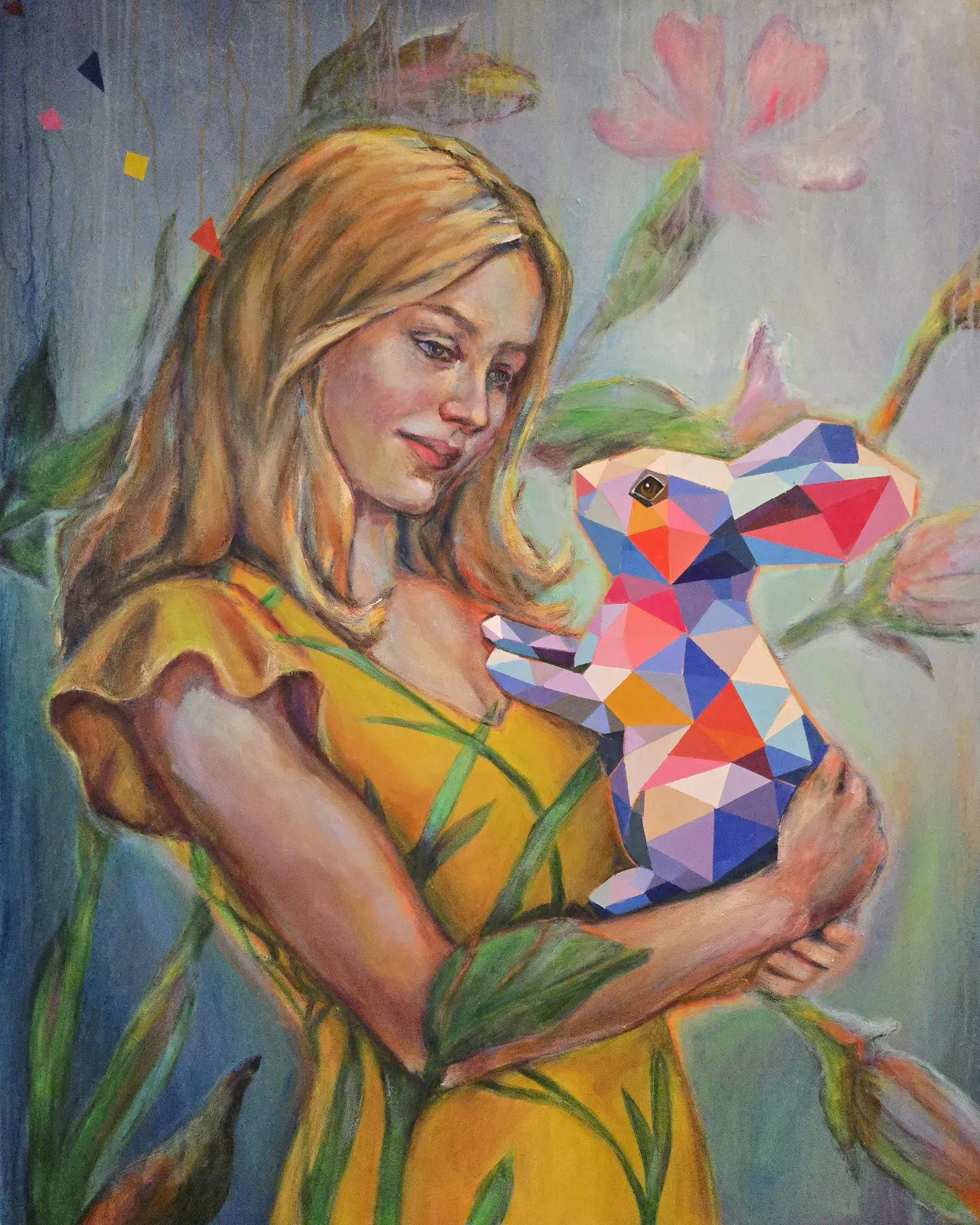 Akrylmålning Kvinna med geometrisk kanin – interiörmålning av Lana BLINK