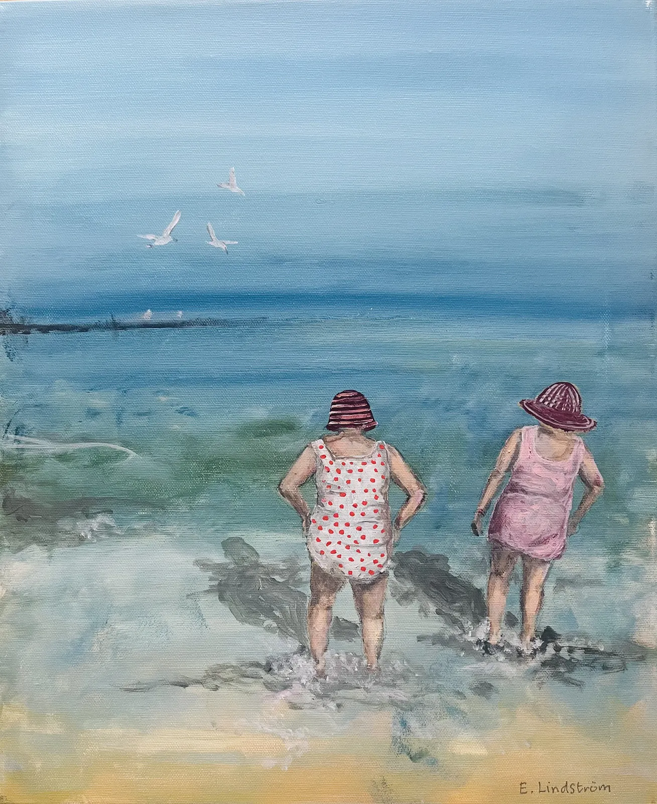 Akrylmålning Ska vi ta ett dopp? av Emma Lindström