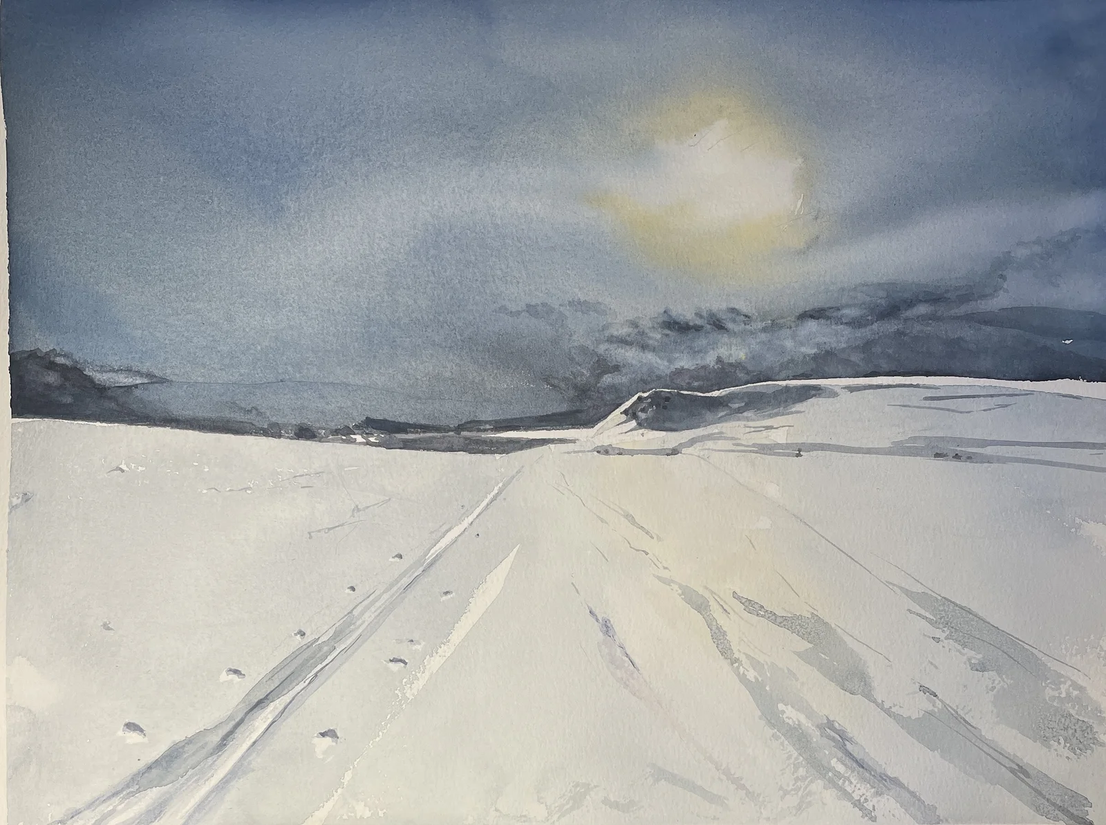 Akvarell Månljus på fjället av Maria Möller