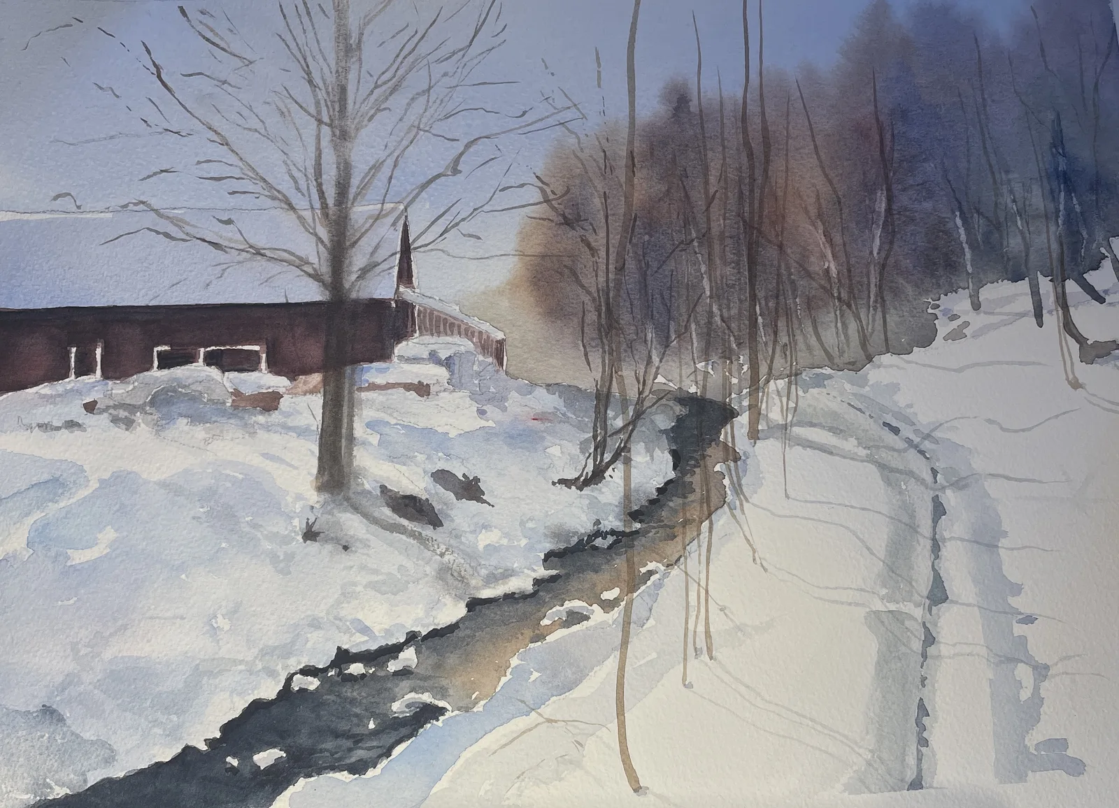 Akvarell Vinterbäck av Maria Möller