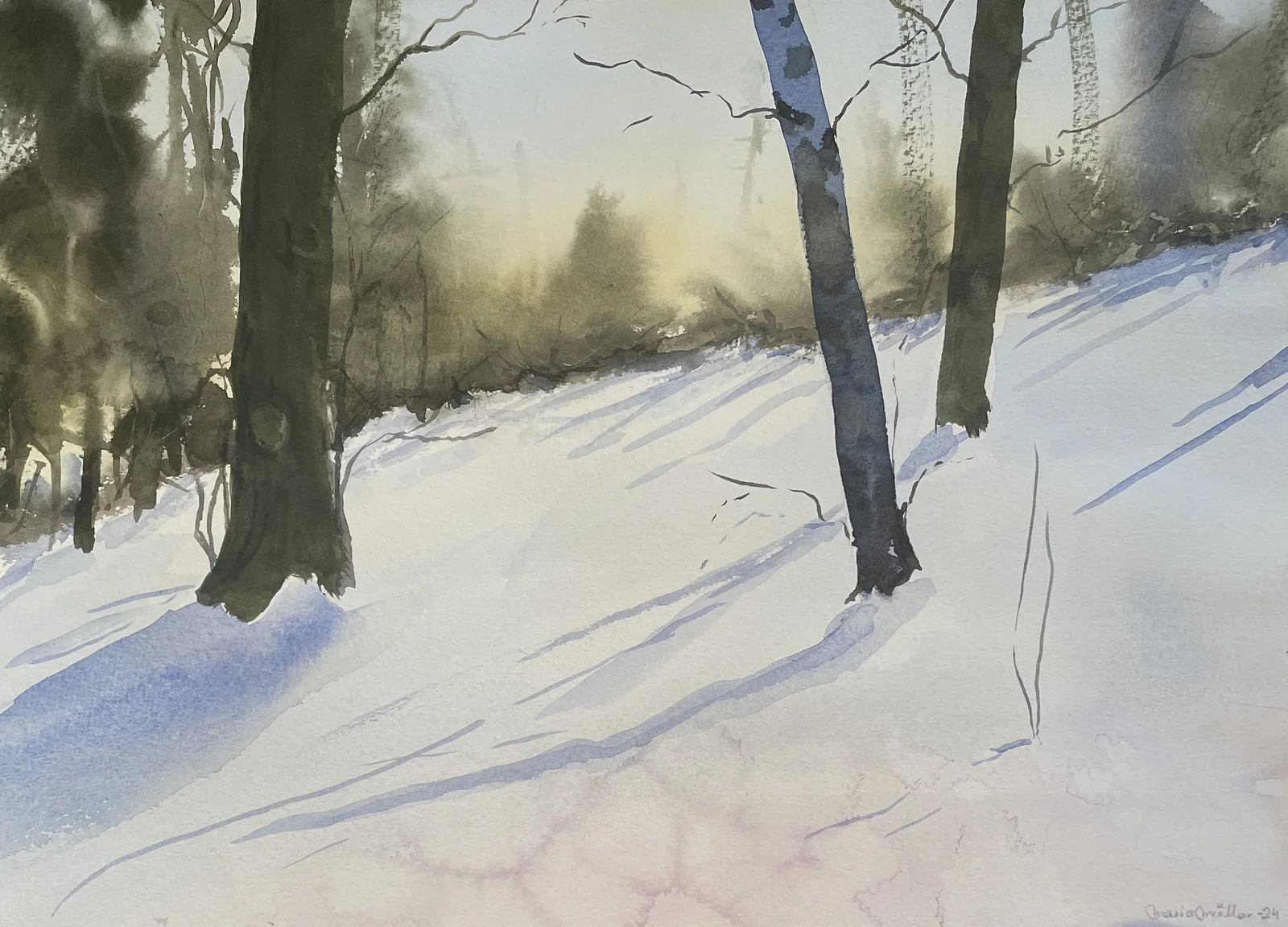 Akvarell Skogsbacke i mjukt ljus av Maria Möller