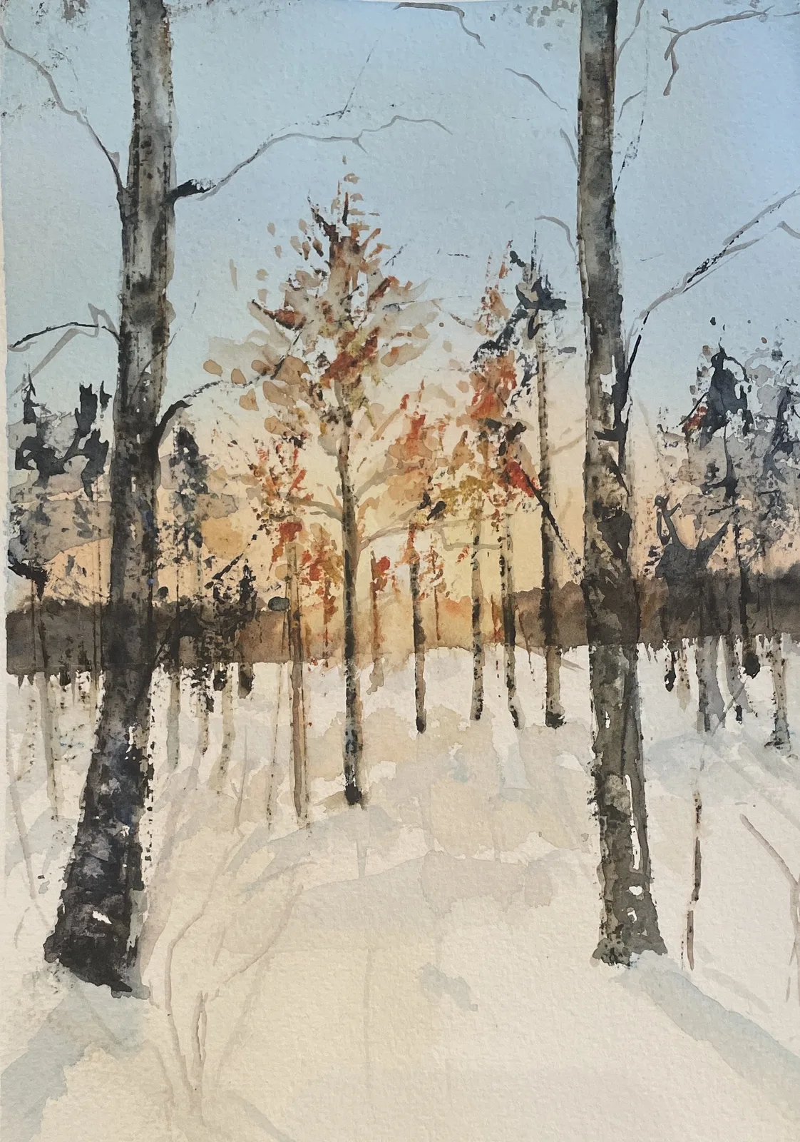 Akvarell Solnedgång i skogen av Maria Möller