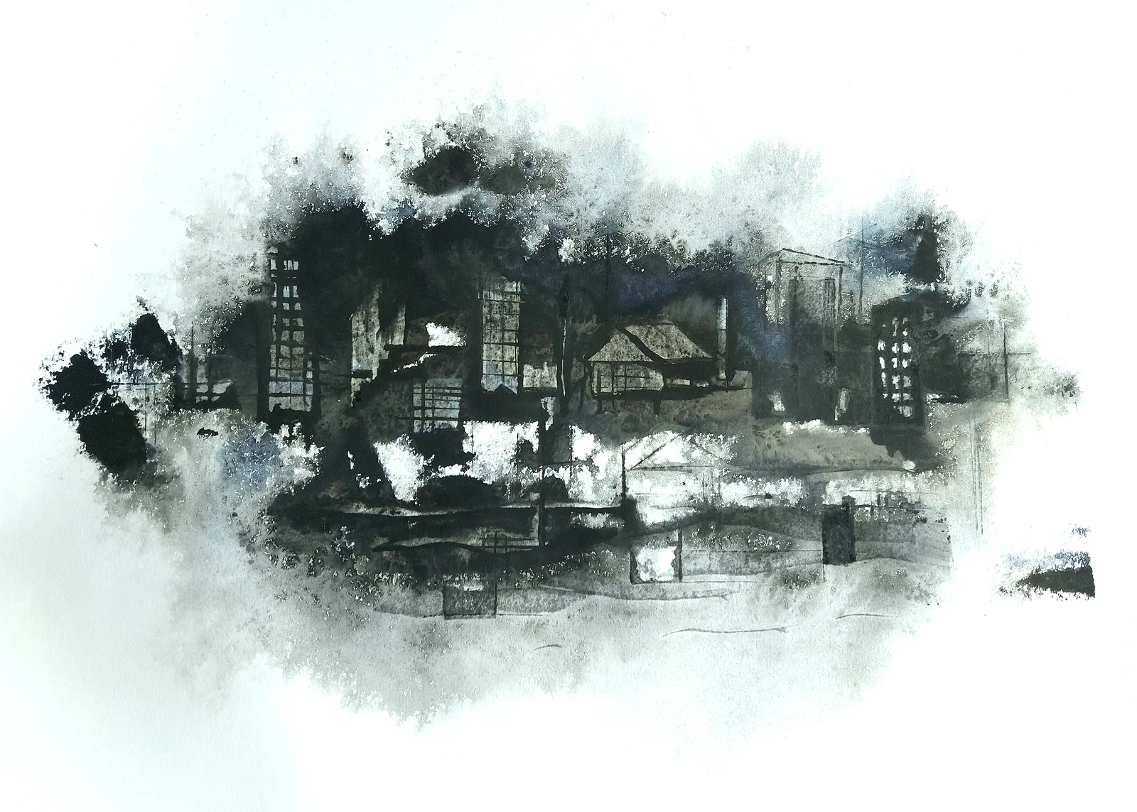 Akvarell Mörk stadsvy av Anders Wikström