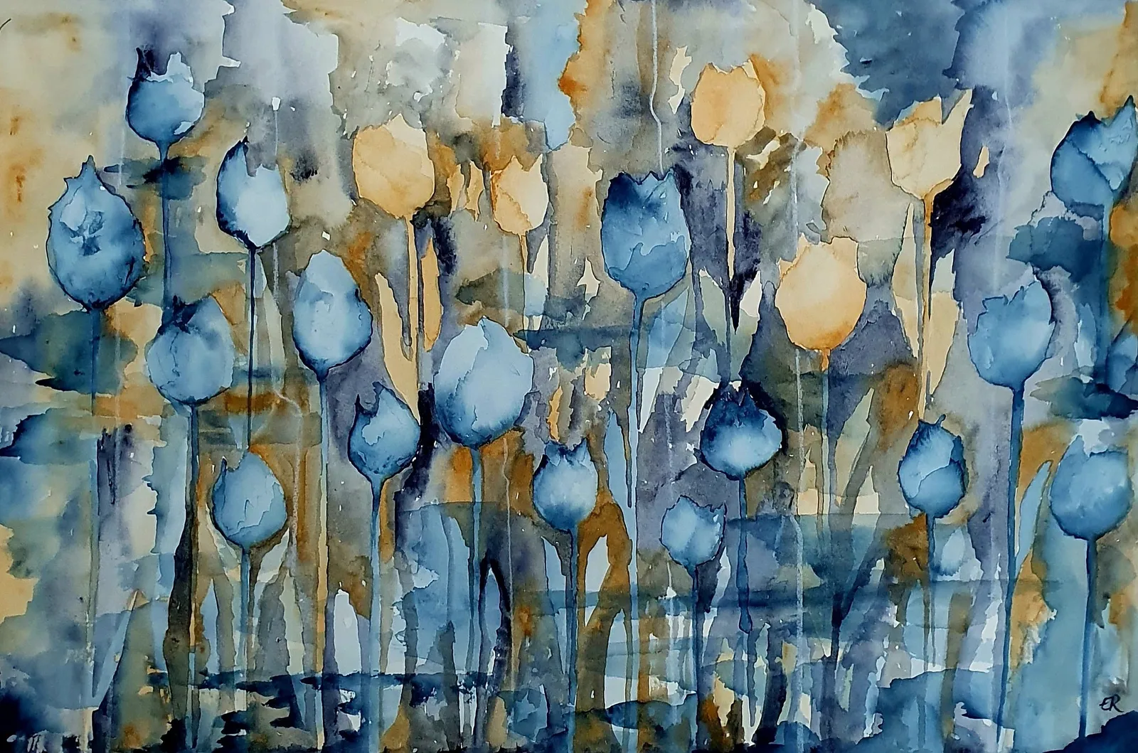 Akvarell Tulpanrabatt av Ewa Rönnberg